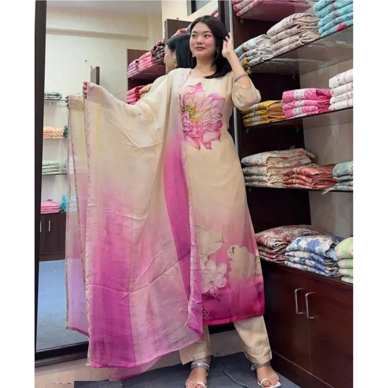ACINOS Silk Blend Fabric Embroidered Work Straight Cut Kurta, Pant and Dupatta Set