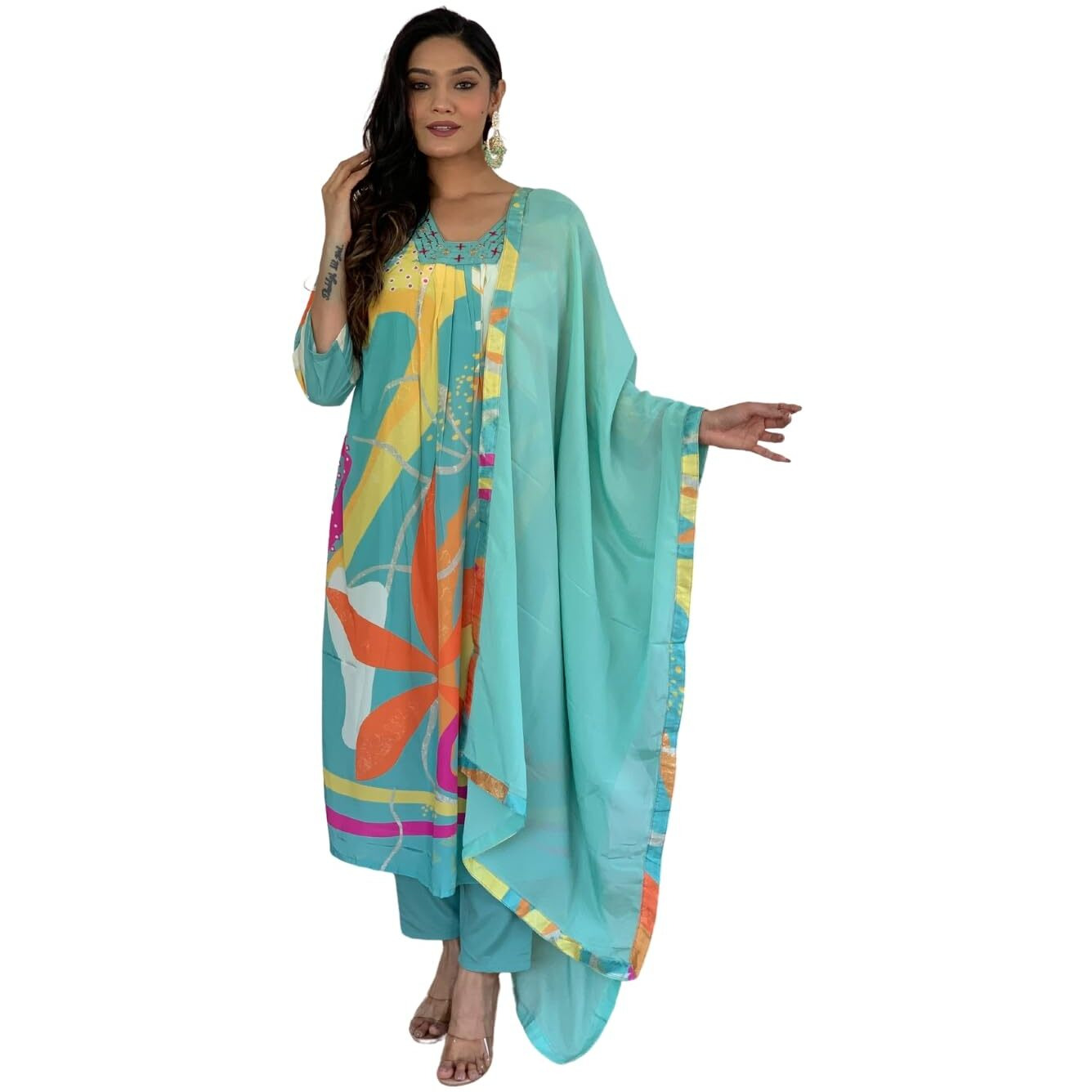 Naixa Women's Firoji Viscose Silk Printed Straight Kurta with Pant and Dupatta Set