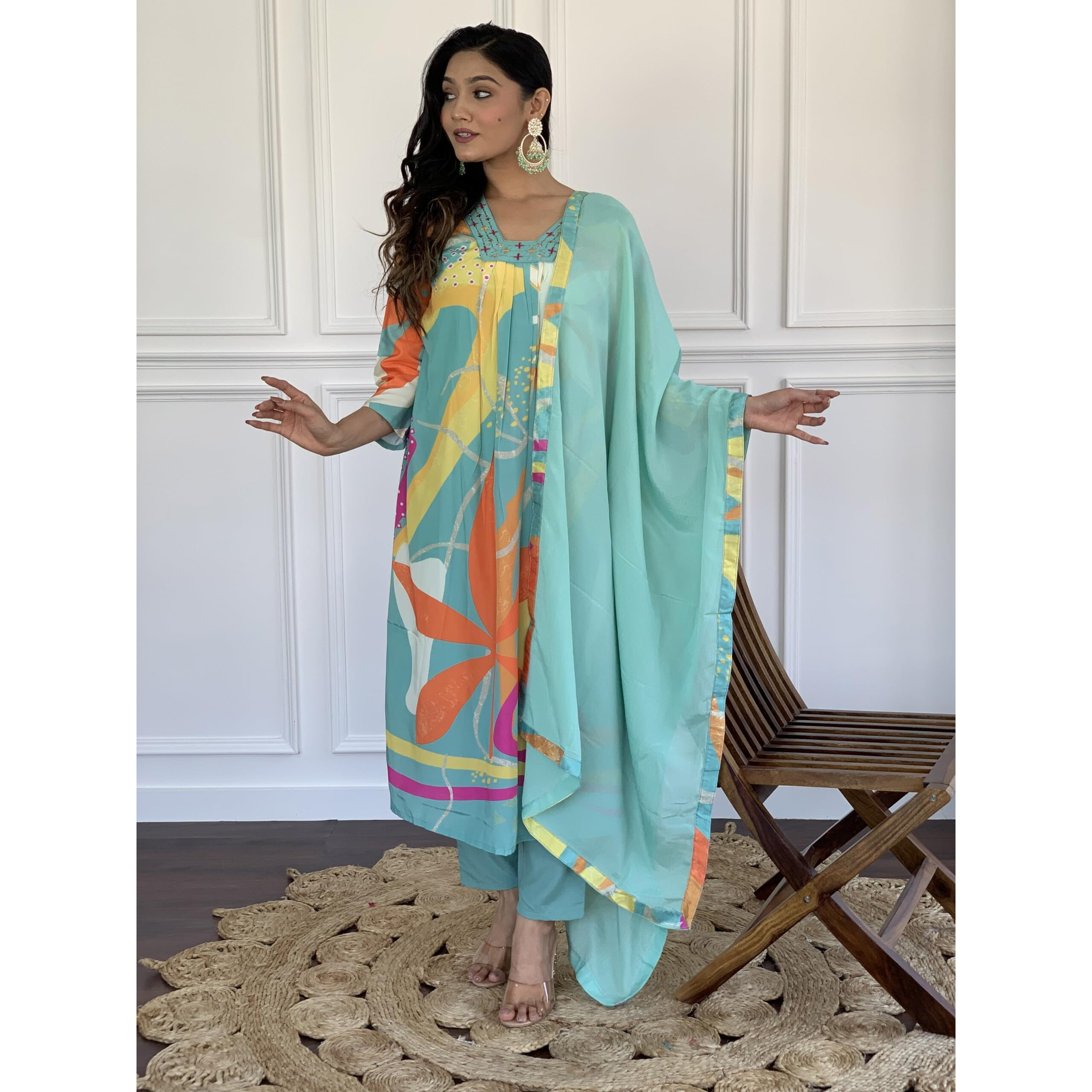 Naixa Women's Firoji Viscose Silk Printed Straight Kurta with Pant and Dupatta Set