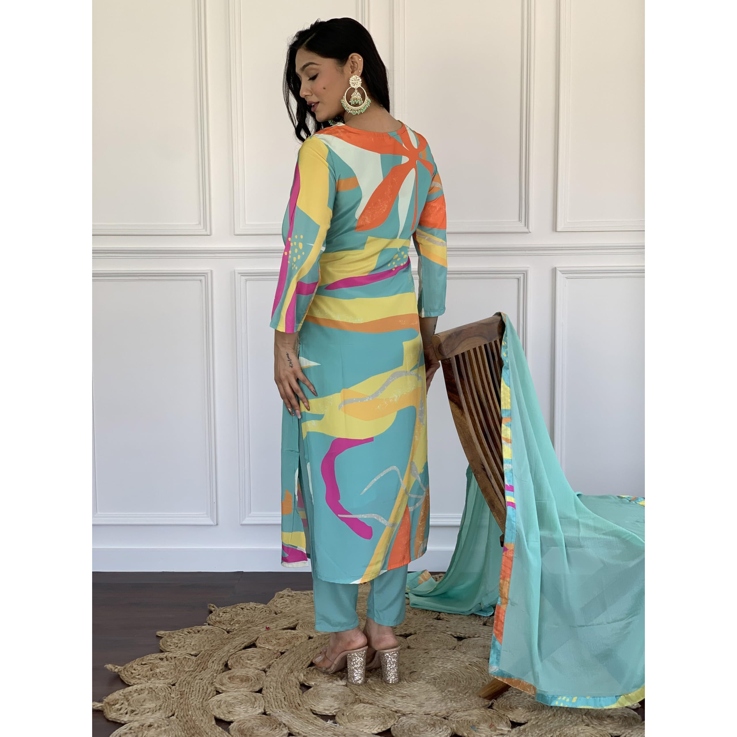 Naixa Women's Firoji Viscose Silk Printed Straight Kurta with Pant and Dupatta Set