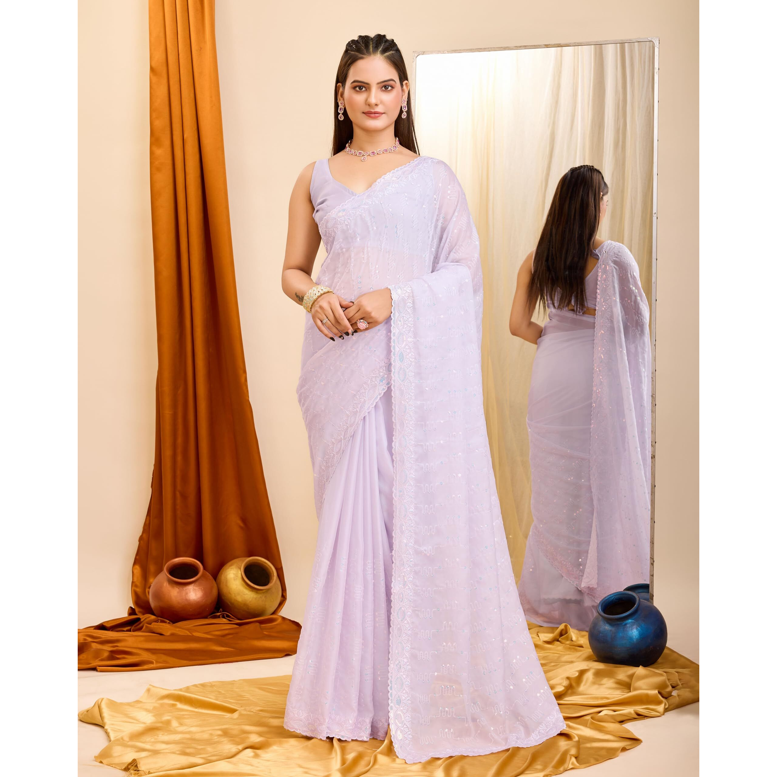 Ekasya Beautiful Women Soft Organza Lilac Color Trendy Sequence Embroidery Work Saree With Unstitched Blouse Peice(E6205_6)