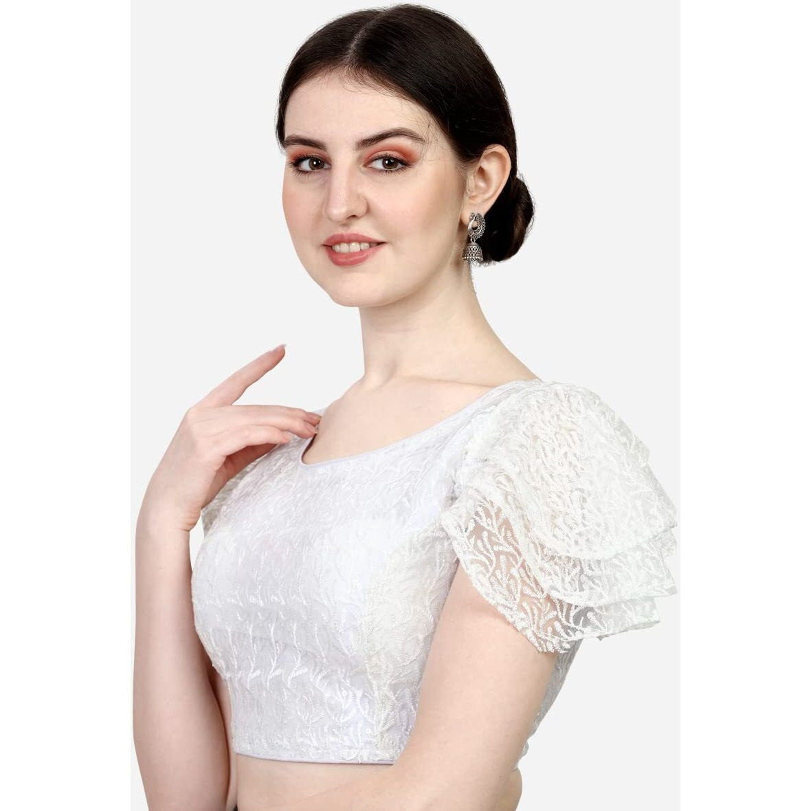 Pujia Mills Women's Shipali Net Work Ruffle Sleeves Readymade Saree Blouse (Shipli Jhumka_White_38)