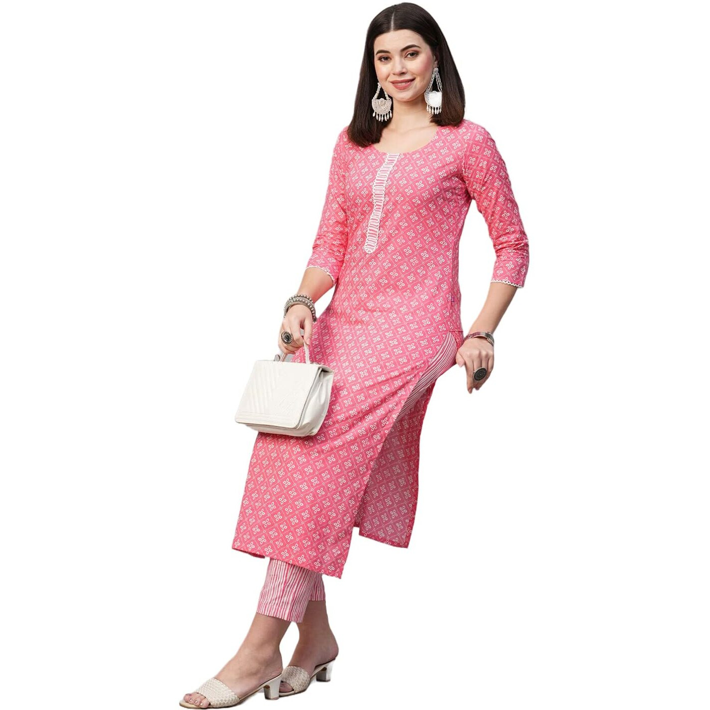 ANNI DESIGNER Women's Cotton Blend Straight Printed Kurta with Pant (Tai Pink_M_Pink_Medium)