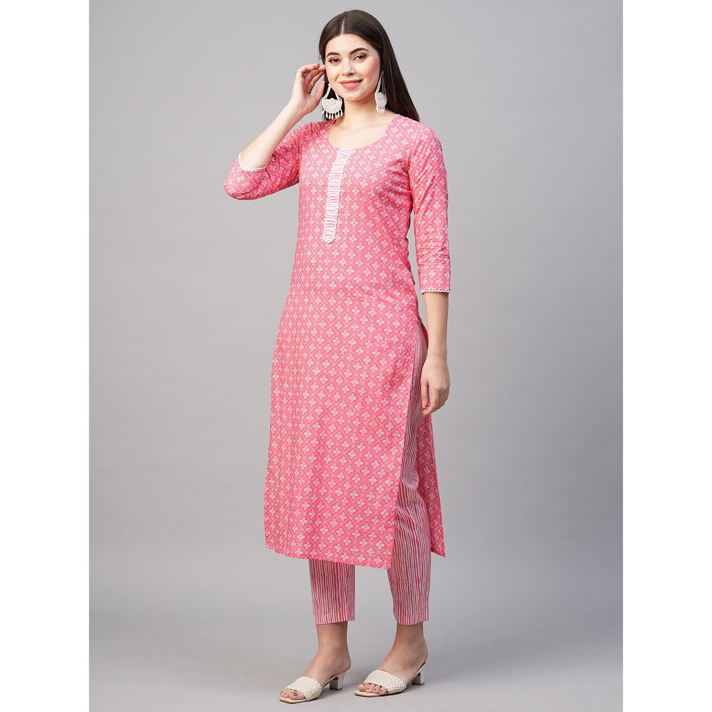 ANNI DESIGNER Women's Cotton Blend Straight Printed Kurta with Pant (Tai Pink_M_Pink_Medium)