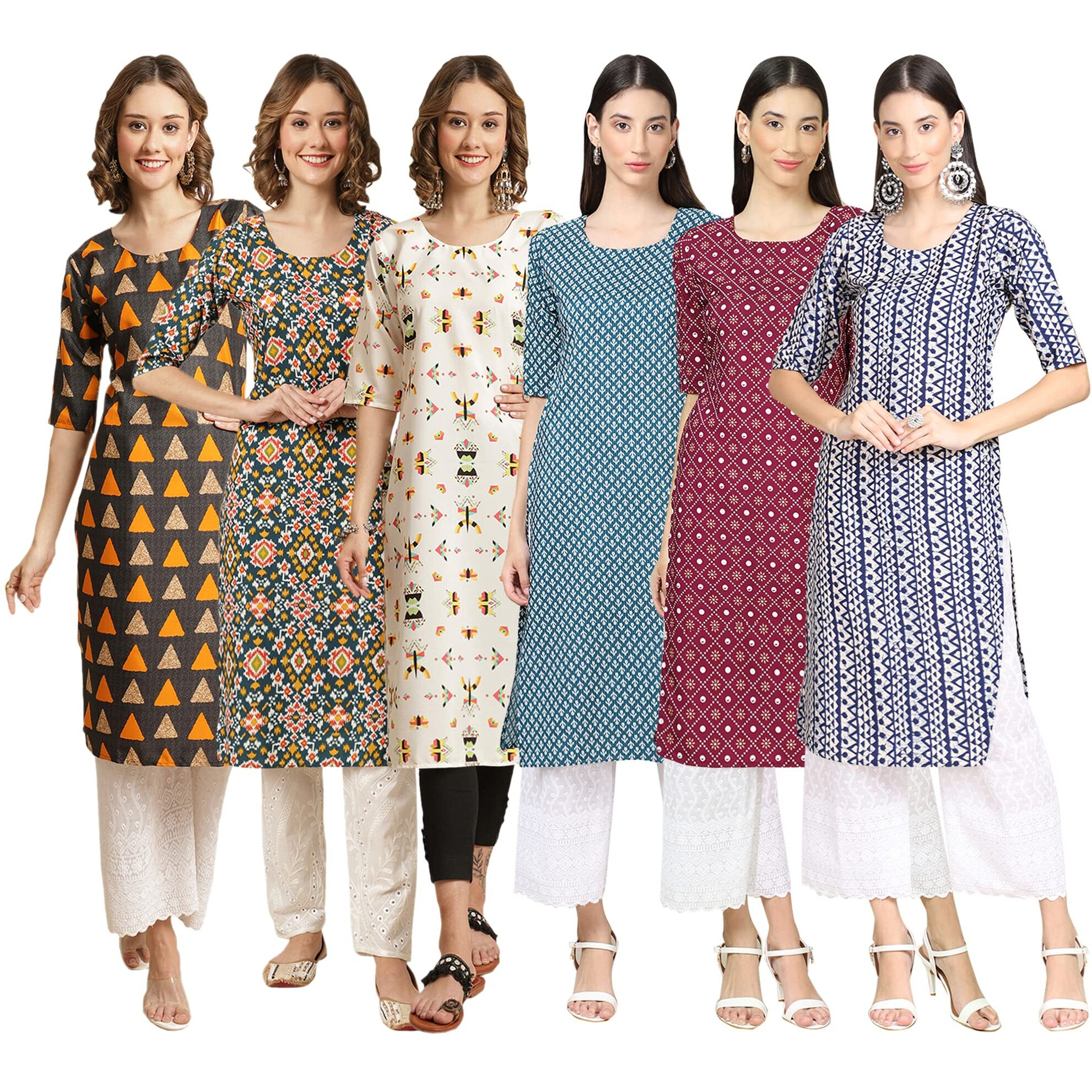 Pinkmint Women's Crepe Digital Print Straight Kurta [Pack of 6](CR-387-383-386-351-355-348-L)