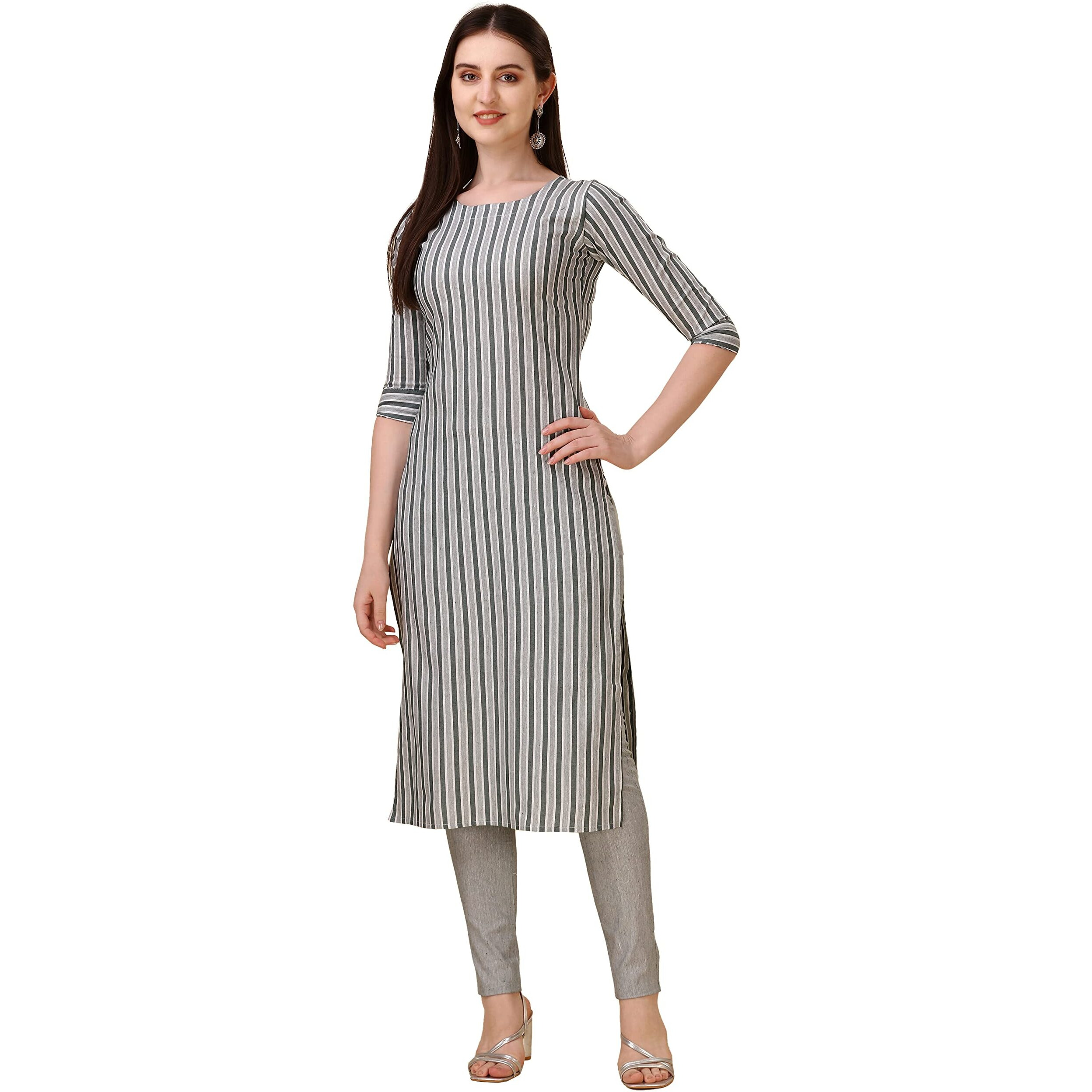 Wedani Women's Cotton Round Neck Casual wear Straight Kurta (KRT514) (Light Grey, Large)