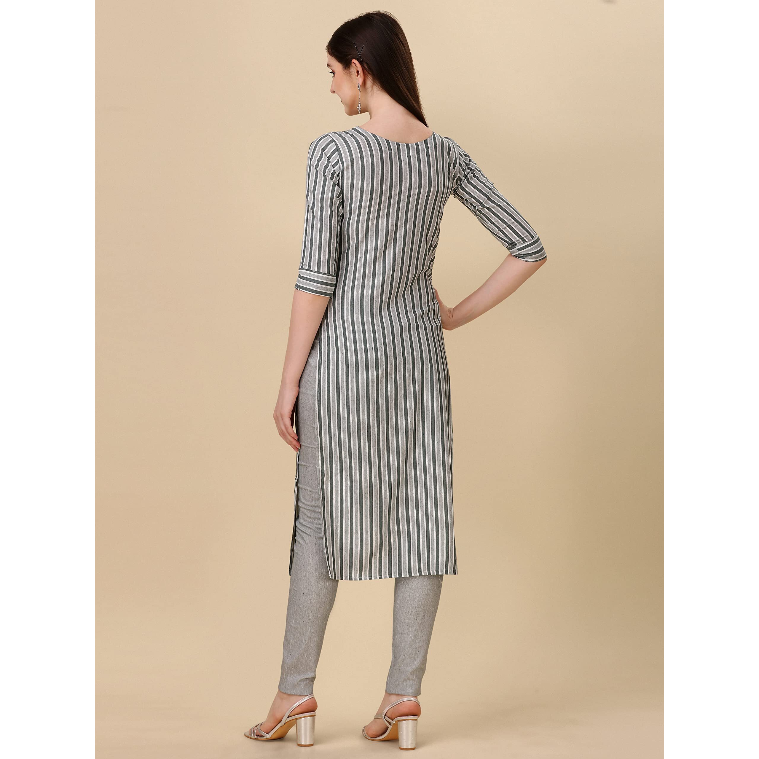 Wedani Women's Cotton Round Neck Casual wear Straight Kurta (KRT514) (Light Grey, Large)