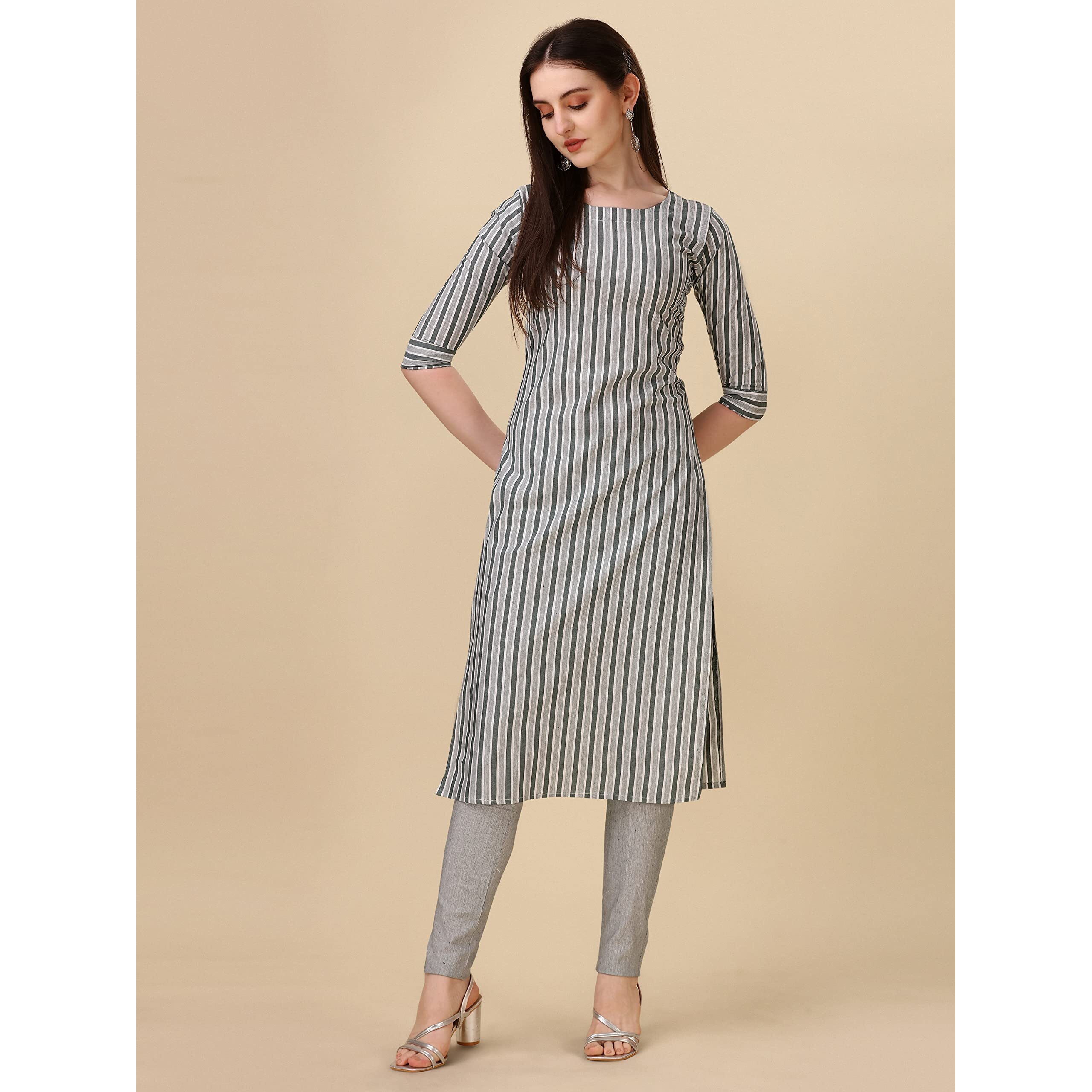 Wedani Women's Cotton Round Neck Casual wear Straight Kurta (KRT514) (Light Grey, Large)