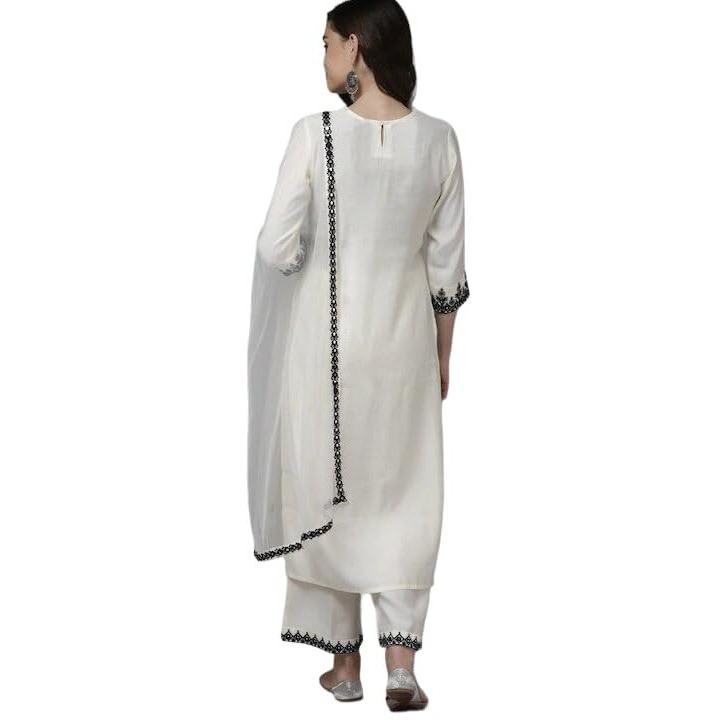 PATLANI Women's Micro Malay Embroidered Straight Kurti Palazzo Pants Set with Dupatta.(White-Black-M)