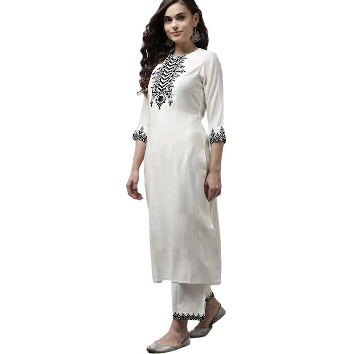 PATLANI Women's Micro Malay Embroidered Straight Kurti Palazzo Pants Set with Dupatta.(White-Black-M)