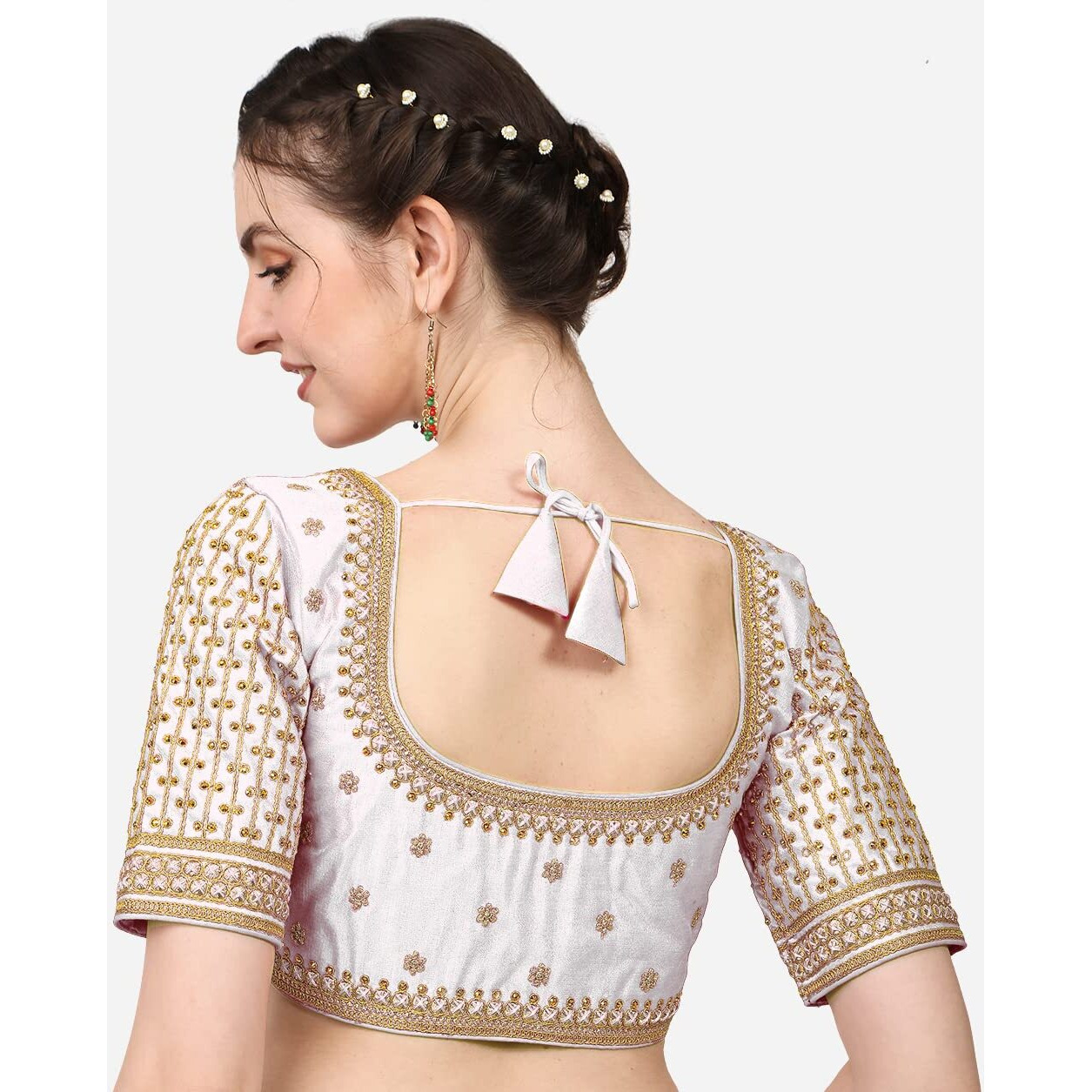 Sumaira Tex Women's Cobra Silk Embroidery Coding Stone Work Half Sleeve Saree Blouse