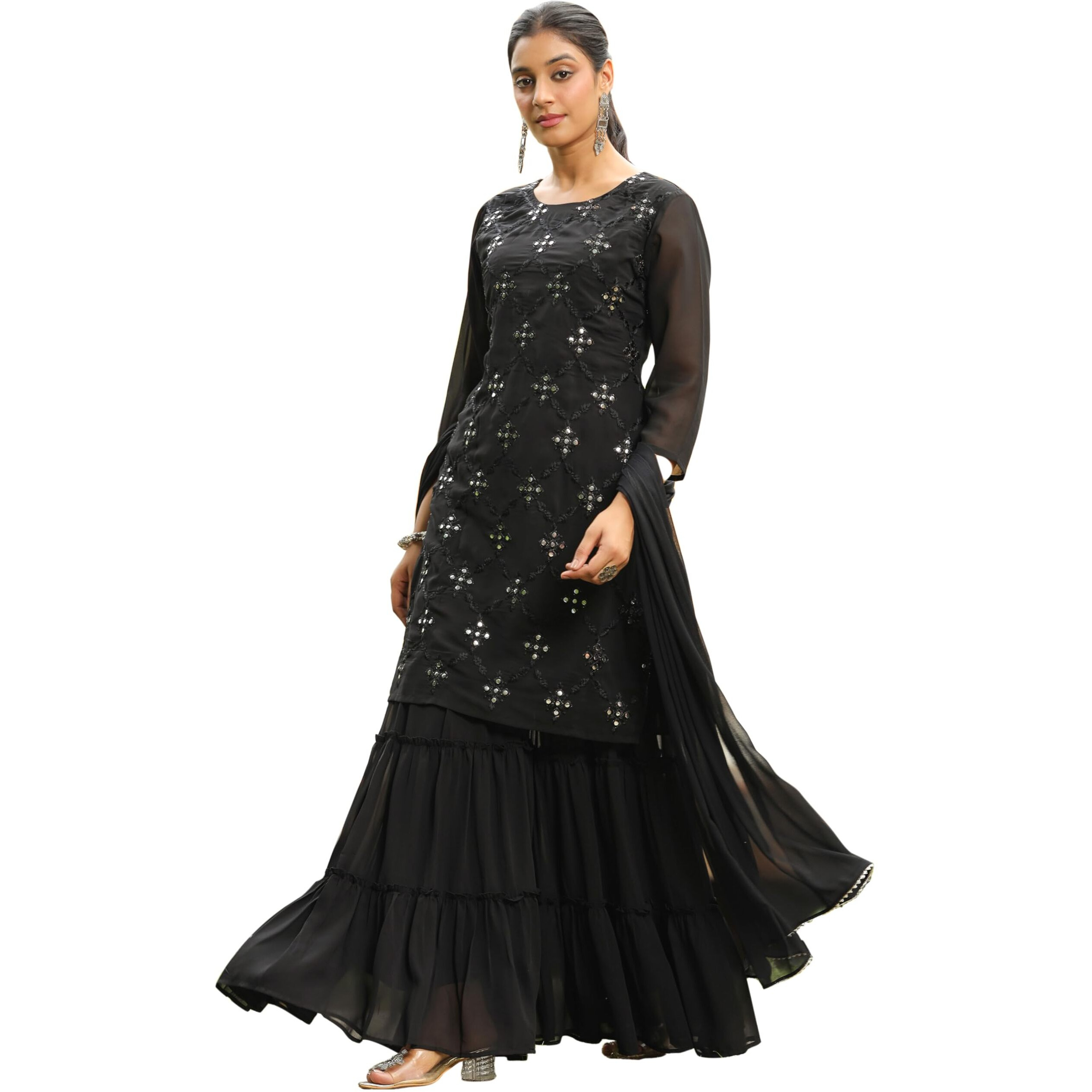 Janasya Women's Black Georgette Embroidered Straight Kurta With Sharara & Dupatta Set (JAB24ST00976-A-XL)