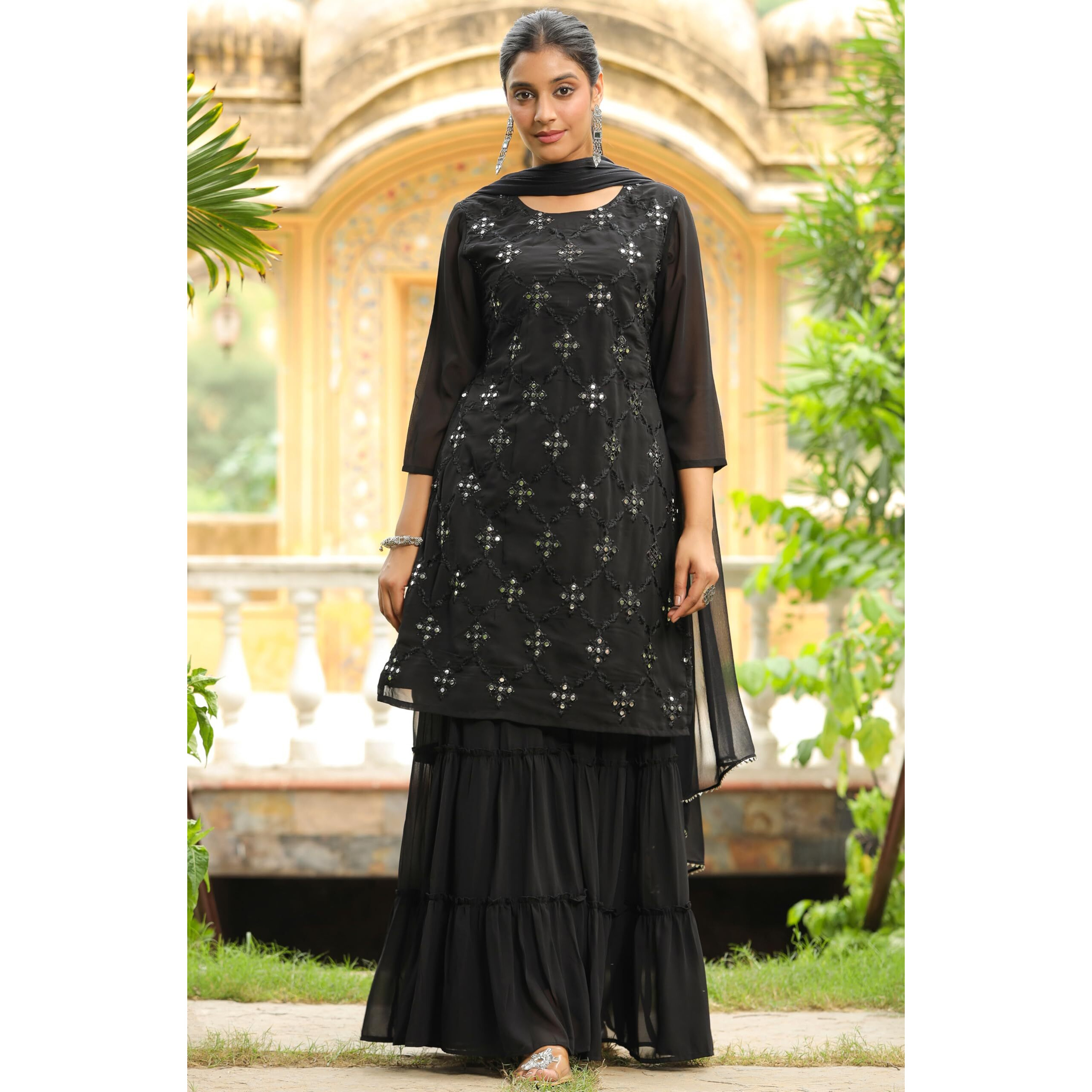 Janasya Women's Black Georgette Embroidered Straight Kurta With Sharara & Dupatta Set (JAB24ST00976-A-XL)