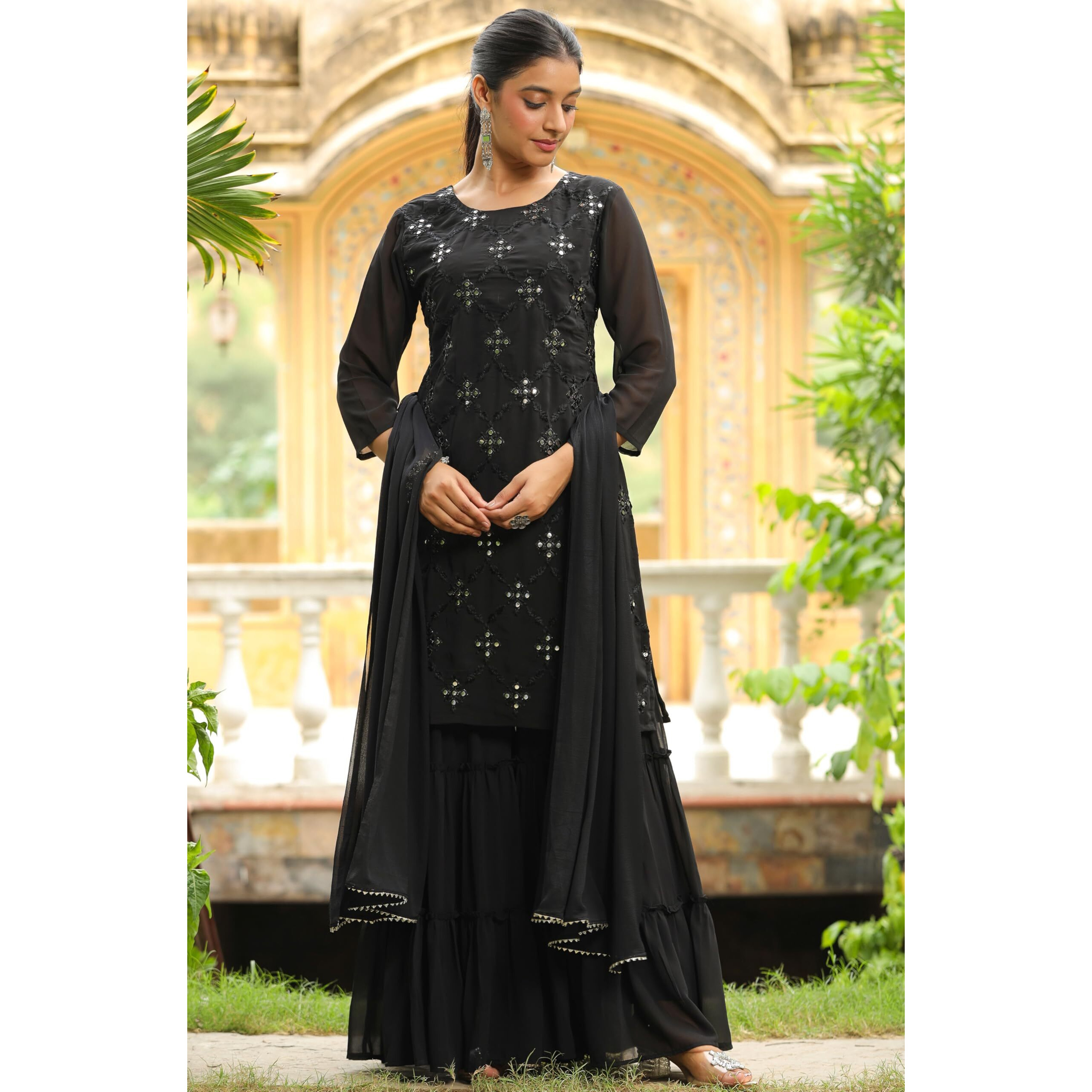 Janasya Women's Black Georgette Embroidered Straight Kurta With Sharara & Dupatta Set (JAB24ST00976-A-XL)