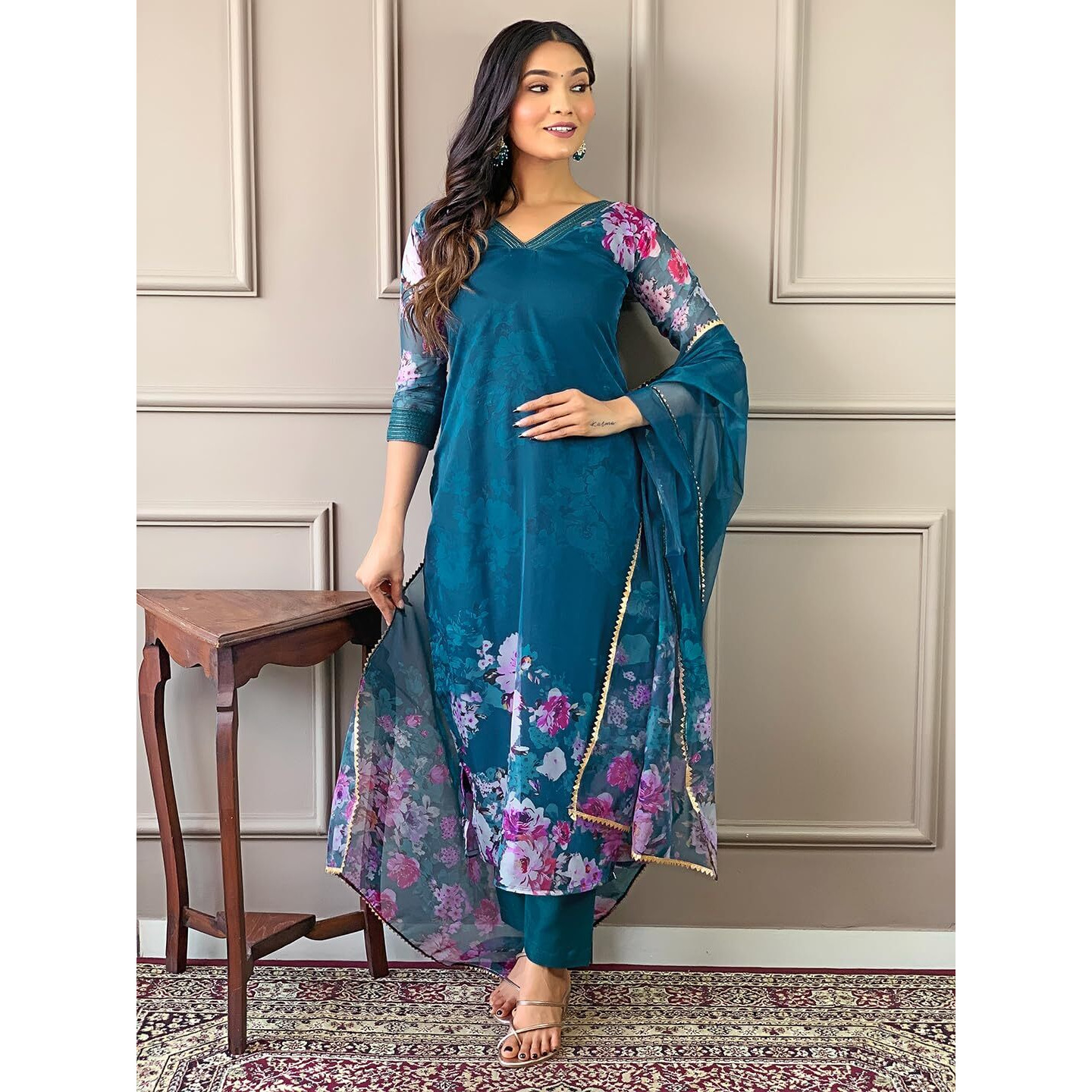 Naixa Women's Petrol Pure Organza Printed A-Line Kurta with Malai Crep Pant and Pure Organza Printed Dupatta Sets (NX-J-Niharika-Petrol-XXL)
