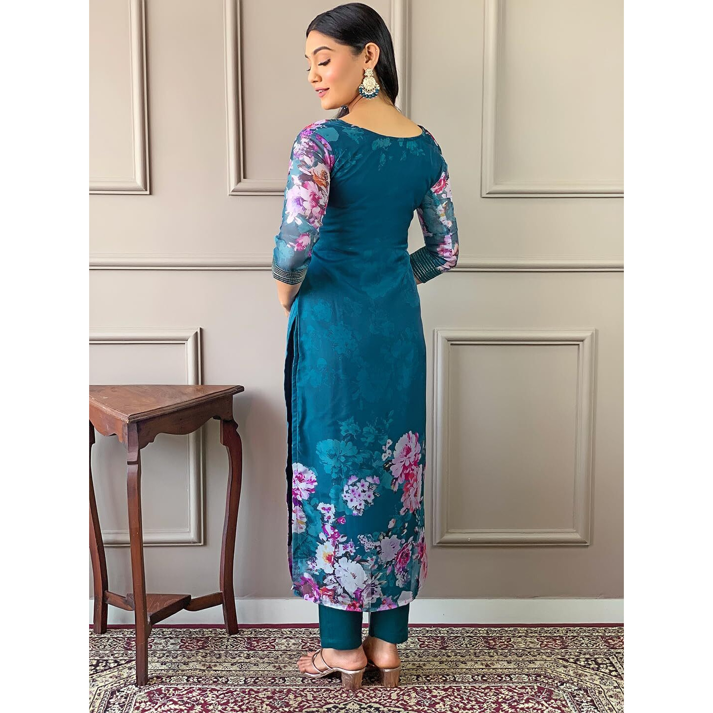 Naixa Women's Petrol Pure Organza Printed A-Line Kurta with Malai Crep Pant and Pure Organza Printed Dupatta Sets (NX-J-Niharika-Petrol-XXL)
