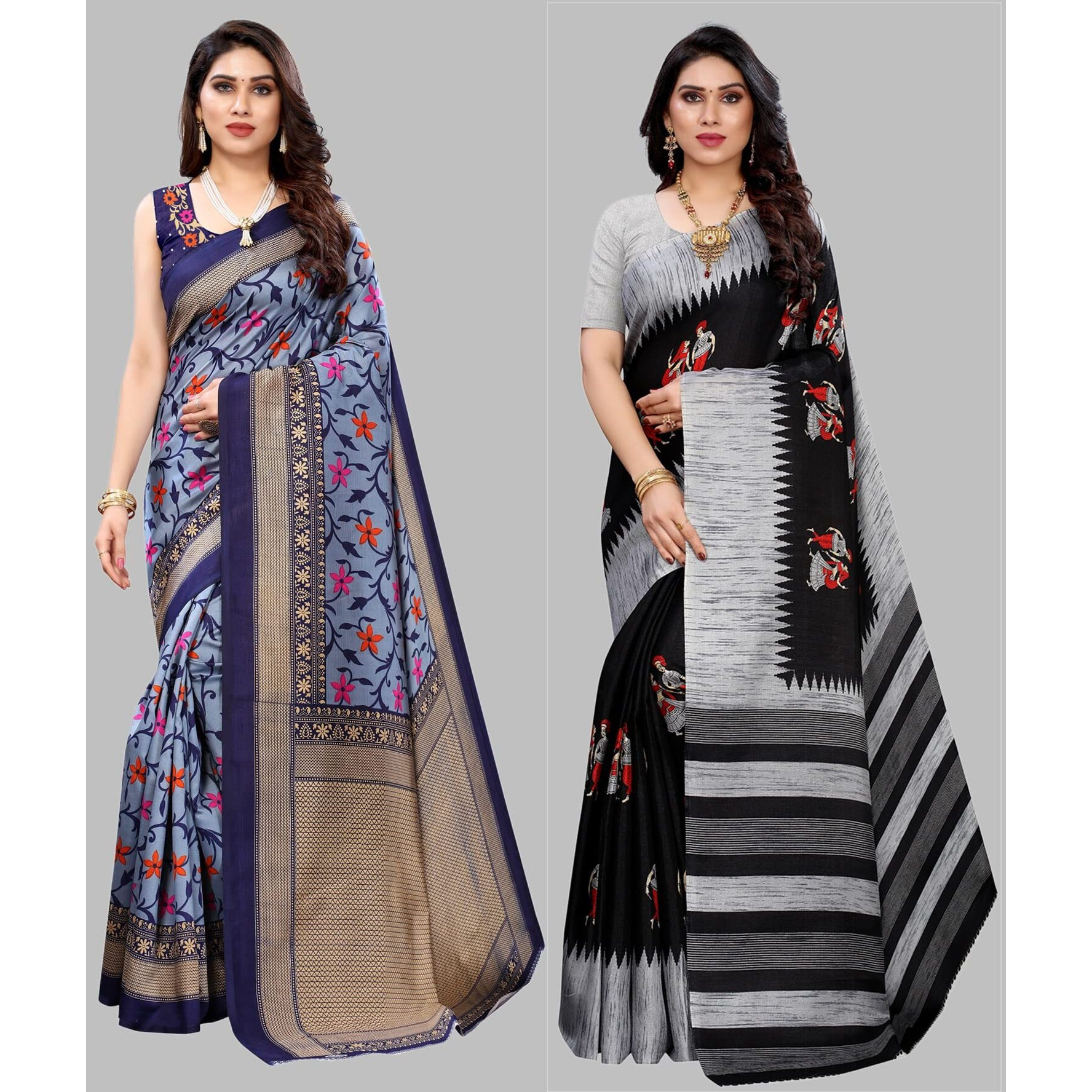 Yashika Women's Combo Art Silk Printed Saree With Blouse Piece Pack Of 2(SWATI NAVY-NAURTA BLACK)