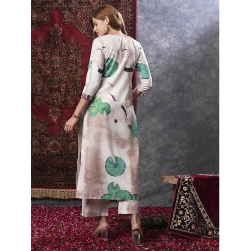 ANNI DESIGNER Women's Cotton Blend Straight Printed Kurta with Palazzo (Swans Peach_S_Peach_Small)