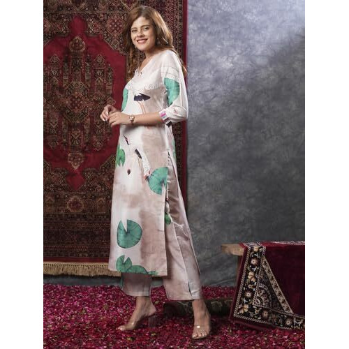 ANNI DESIGNER Women's Cotton Blend Straight Printed Kurta with Palazzo (Swans Peach_S_Peach_Small)