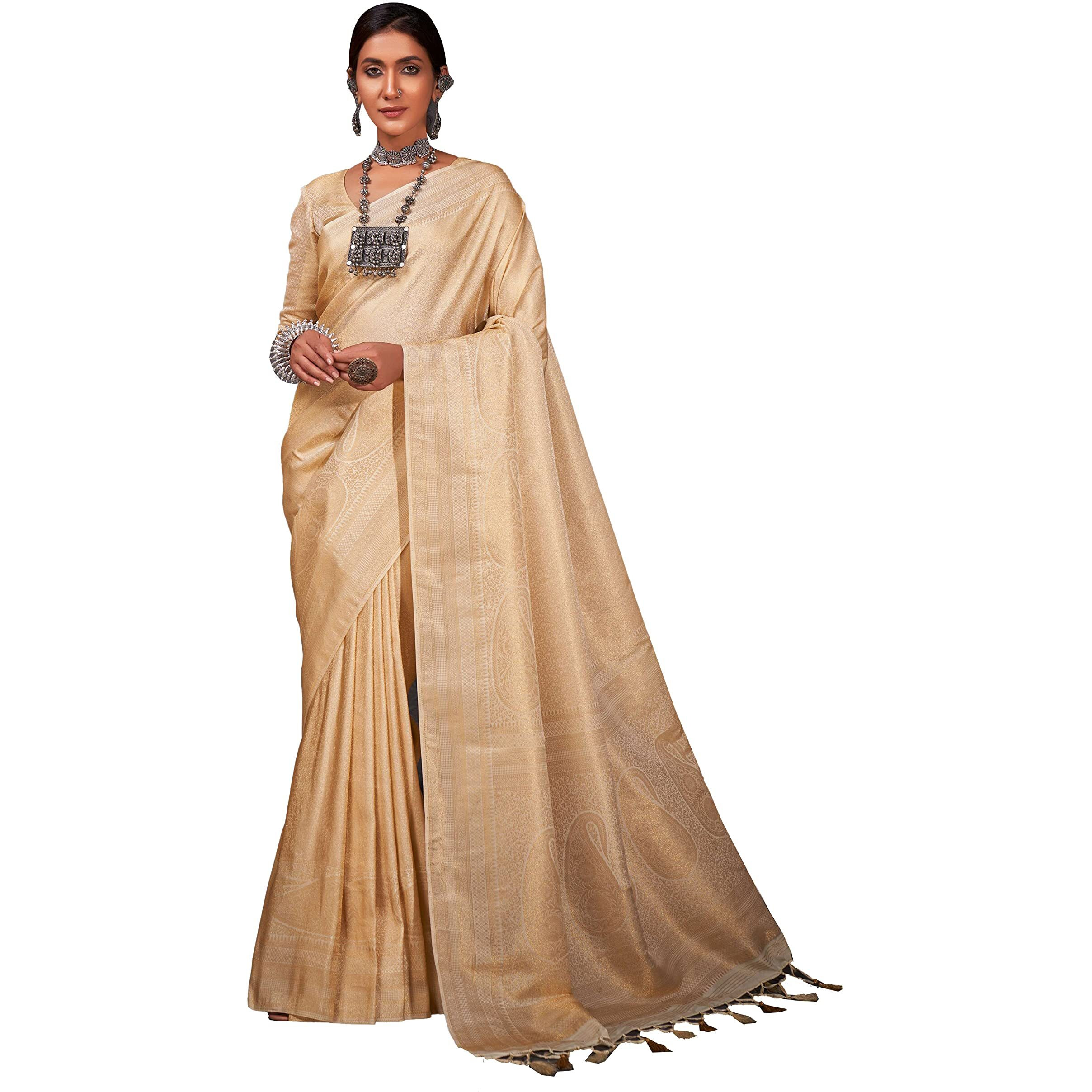 Vardha Women's Kanchipuram Art Silk Saree with Unstitched Blouse Piece - Gold Zari Woven Work Sarees for Wedding (Aashni Silk_521)