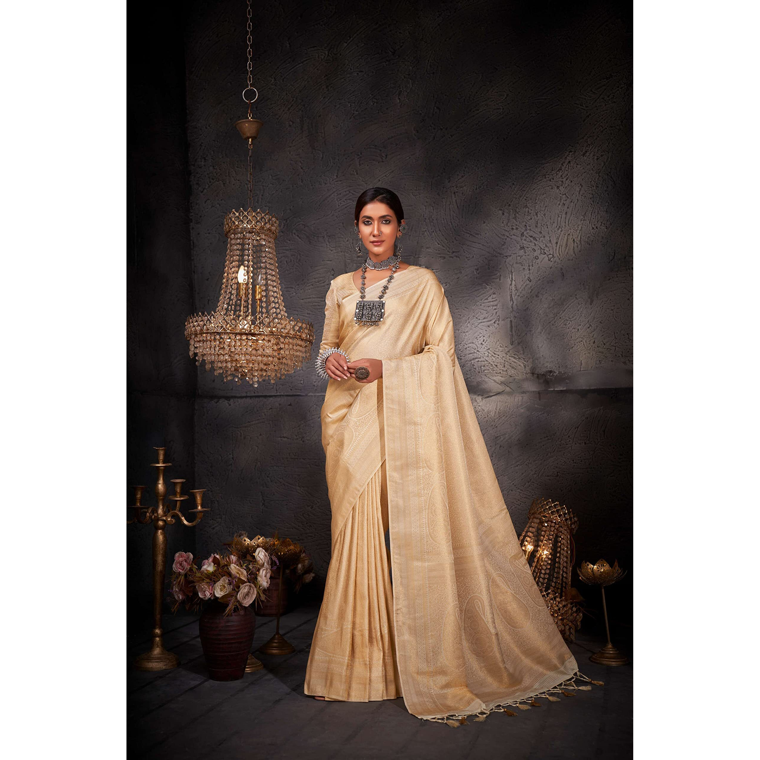Vardha Women's Kanchipuram Art Silk Saree with Unstitched Blouse Piece - Gold Zari Woven Work Sarees for Wedding (Aashni Silk_521)
