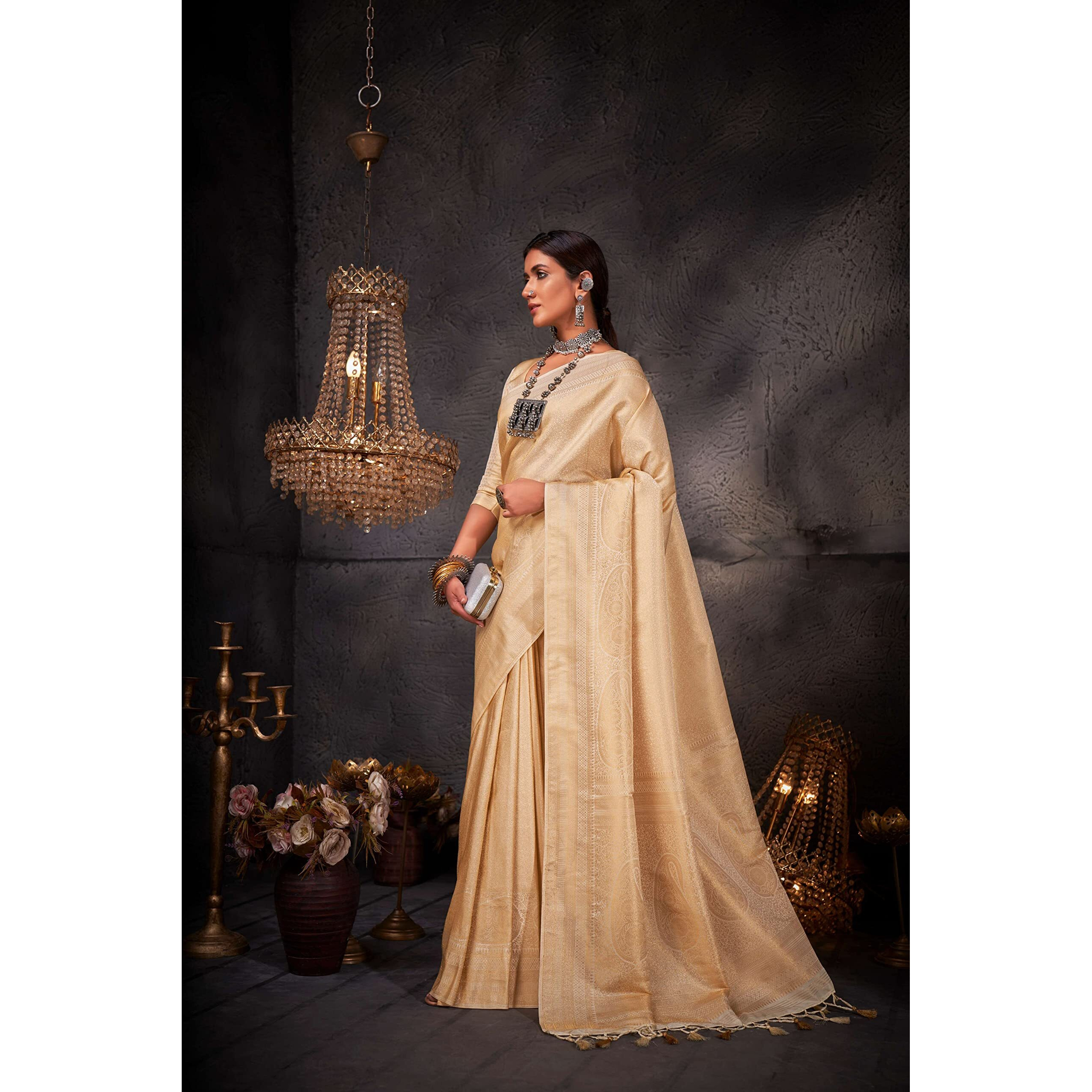 Vardha Women's Kanchipuram Art Silk Saree with Unstitched Blouse Piece - Gold Zari Woven Work Sarees for Wedding (Aashni Silk_521)