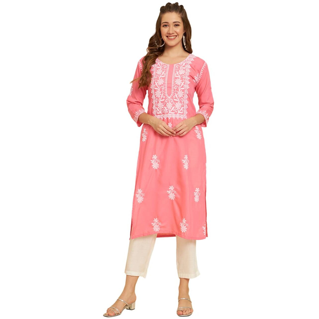 VAIRAGEE Women's Soft Slub Cotton Straight Cut Round Neck Kurta with Beautiful Lucknowi Chickenkari Work (1571) Pink