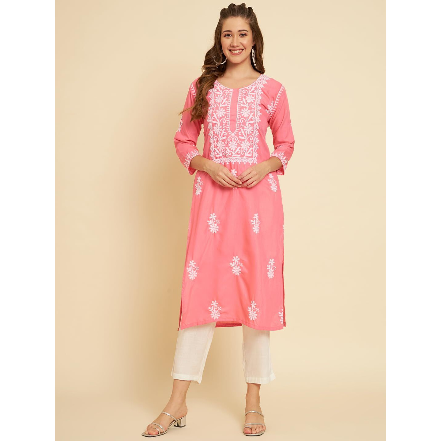 VAIRAGEE Women's Soft Slub Cotton Straight Cut Round Neck Kurta with Beautiful Lucknowi Chickenkari Work (1571) Pink