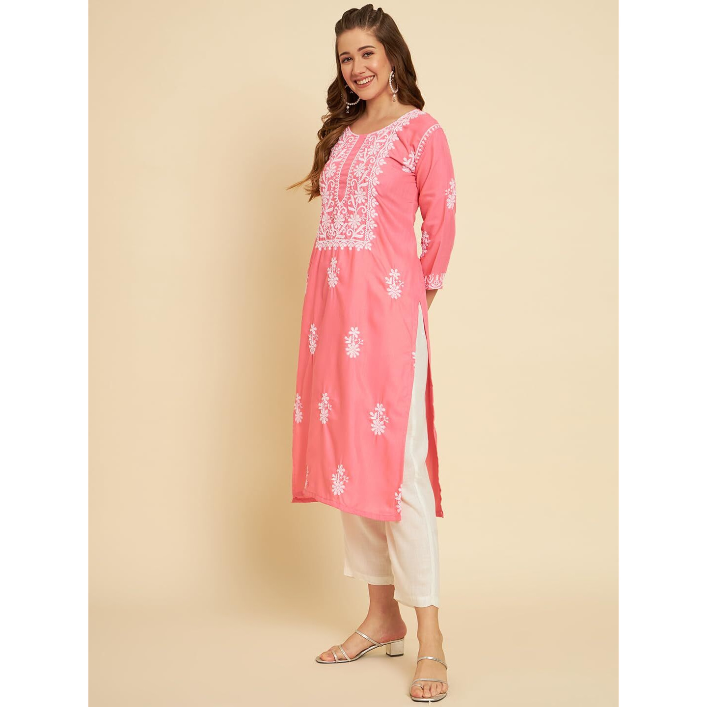 VAIRAGEE Women's Soft Slub Cotton Straight Cut Round Neck Kurta with Beautiful Lucknowi Chickenkari Work (1571) Pink