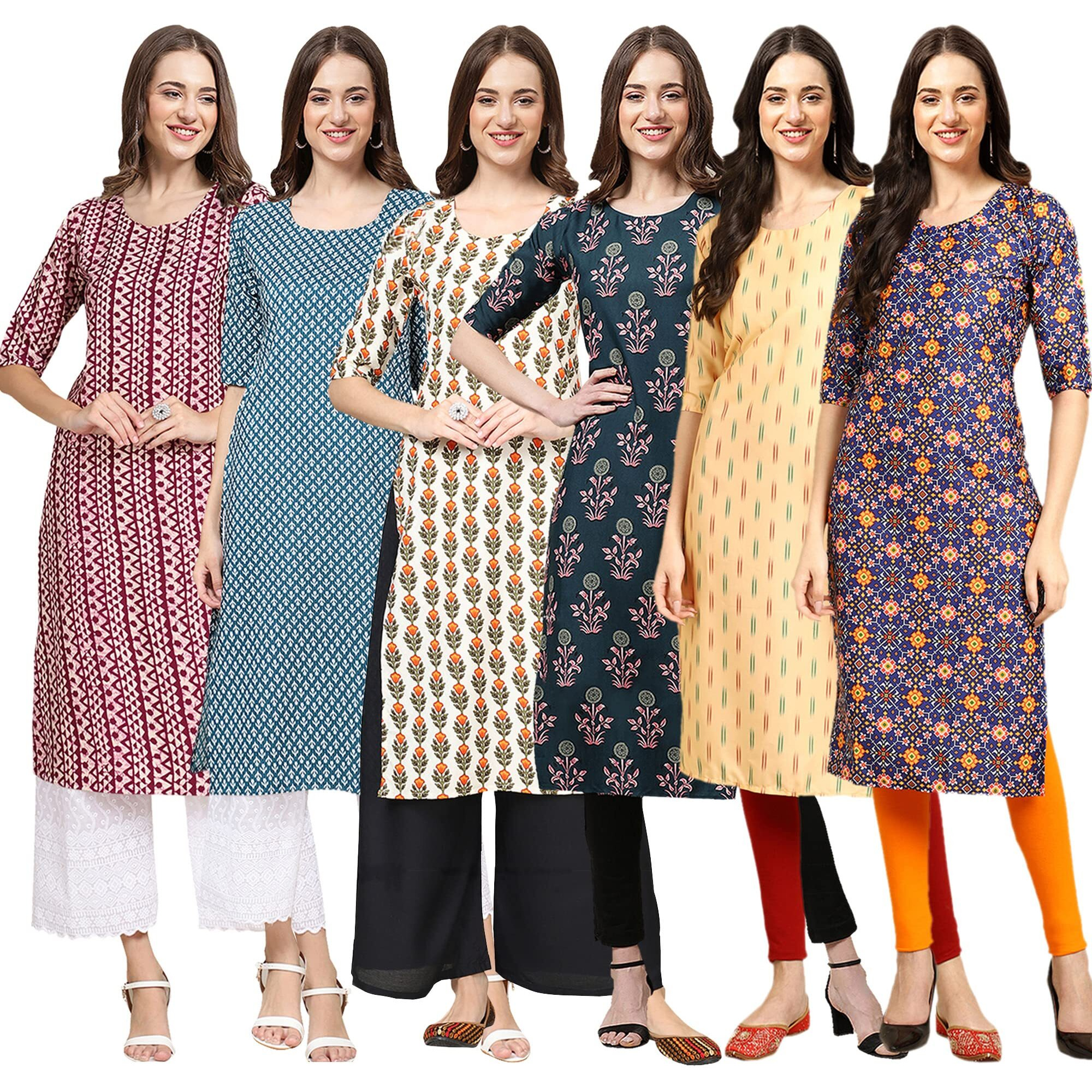 Pinkmint Women's Crepe Digital Print Straight Kurta [Pack of 6] (MJ-347-351-352-335-360-369-M)