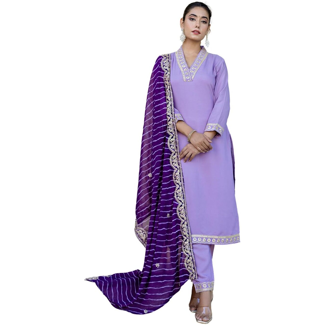 Navlik Women's Purple Viscose Embroidered Straight Kurta with Viscose Pant and Silk Blend Laced Dupatta Sets (NK2-450-Purple-S)
