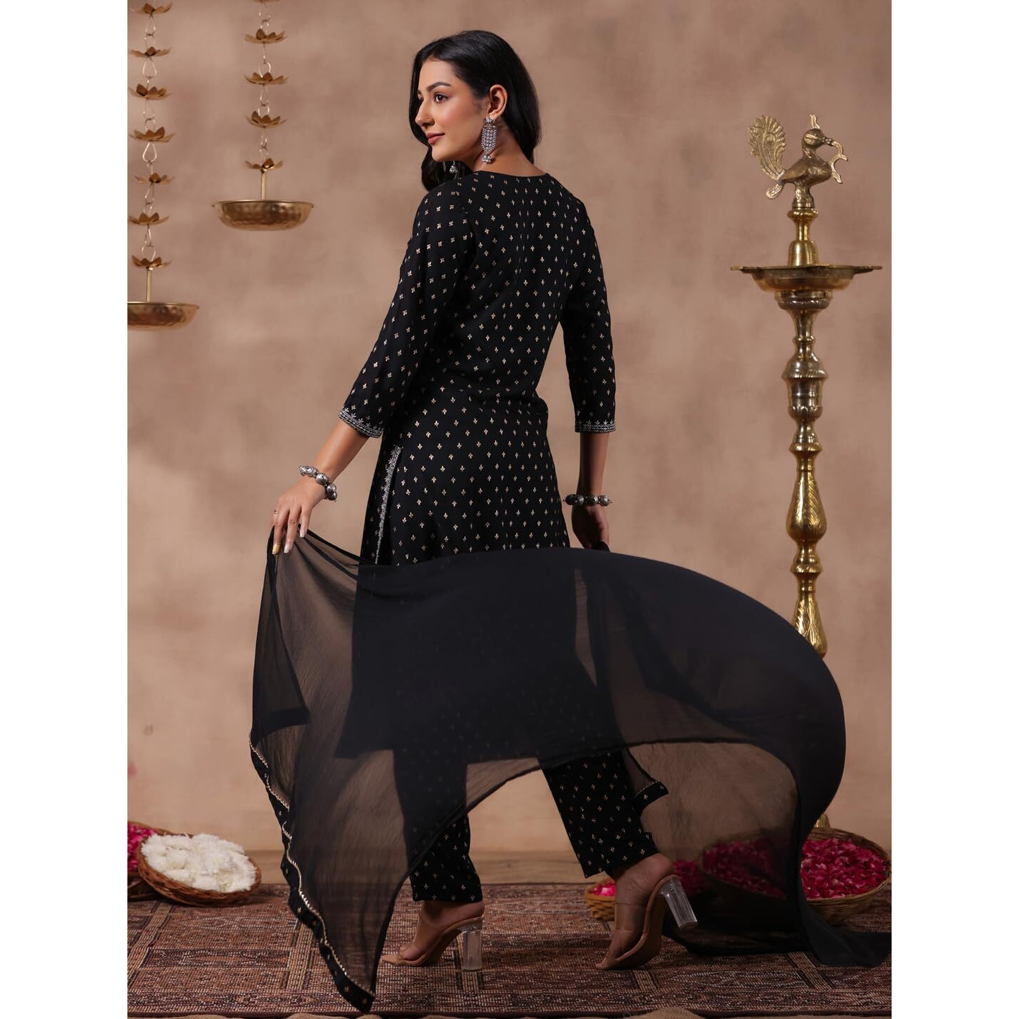 anubhutee Women's Black Ethnic Motifs Zari Work Straight Kurta with Trousers & Dupatta