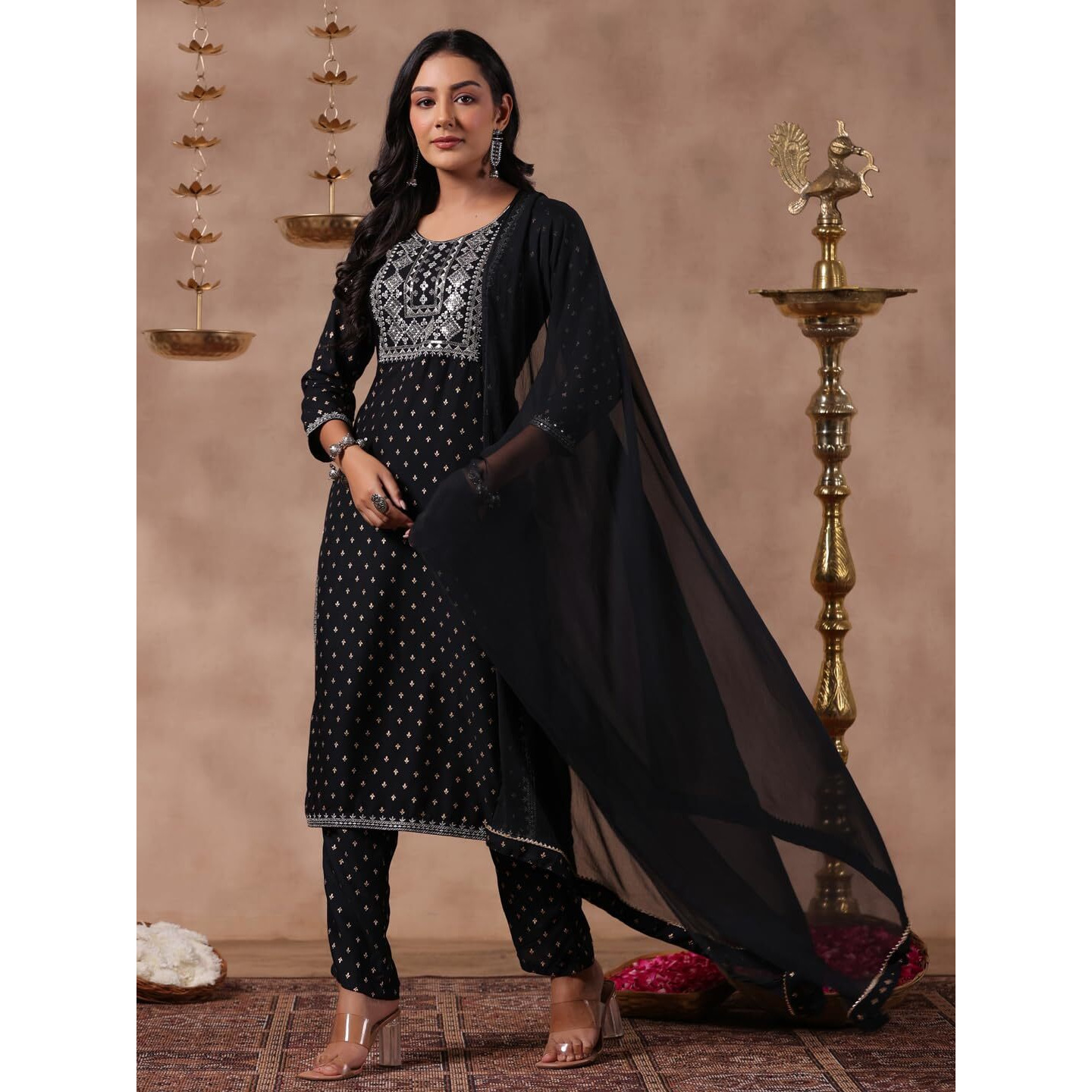 anubhutee Women's Black Ethnic Motifs Zari Work Straight Kurta with Trousers & Dupatta