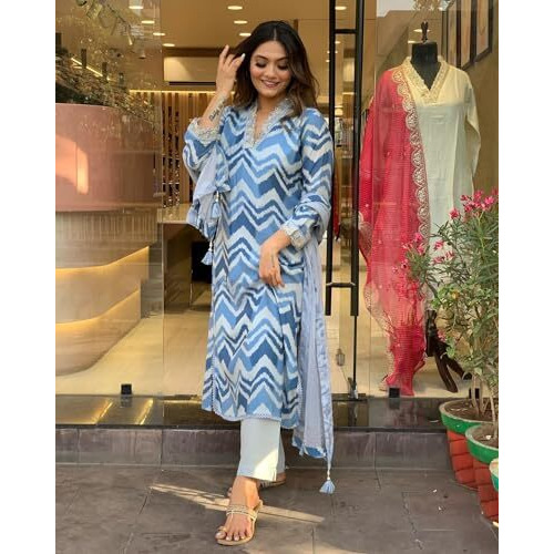 ANNI DESIGNER Women's Cotton Blend Straight Printed Kurta with Pant & Dupatta (Aroor Blue_XXL_Blue_XX-Large)
