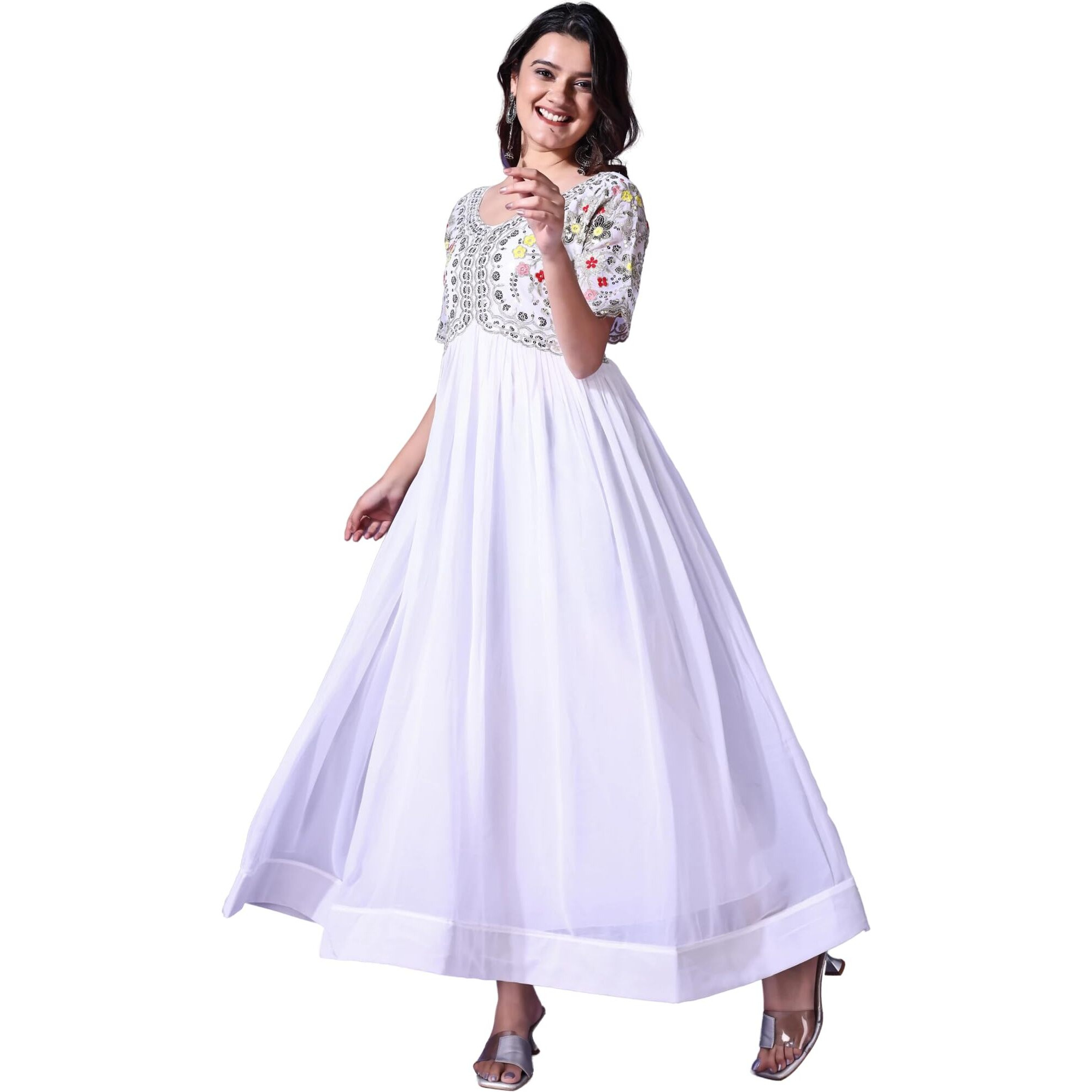 Fashion Basket Georgette Anarkali Dress for Women White