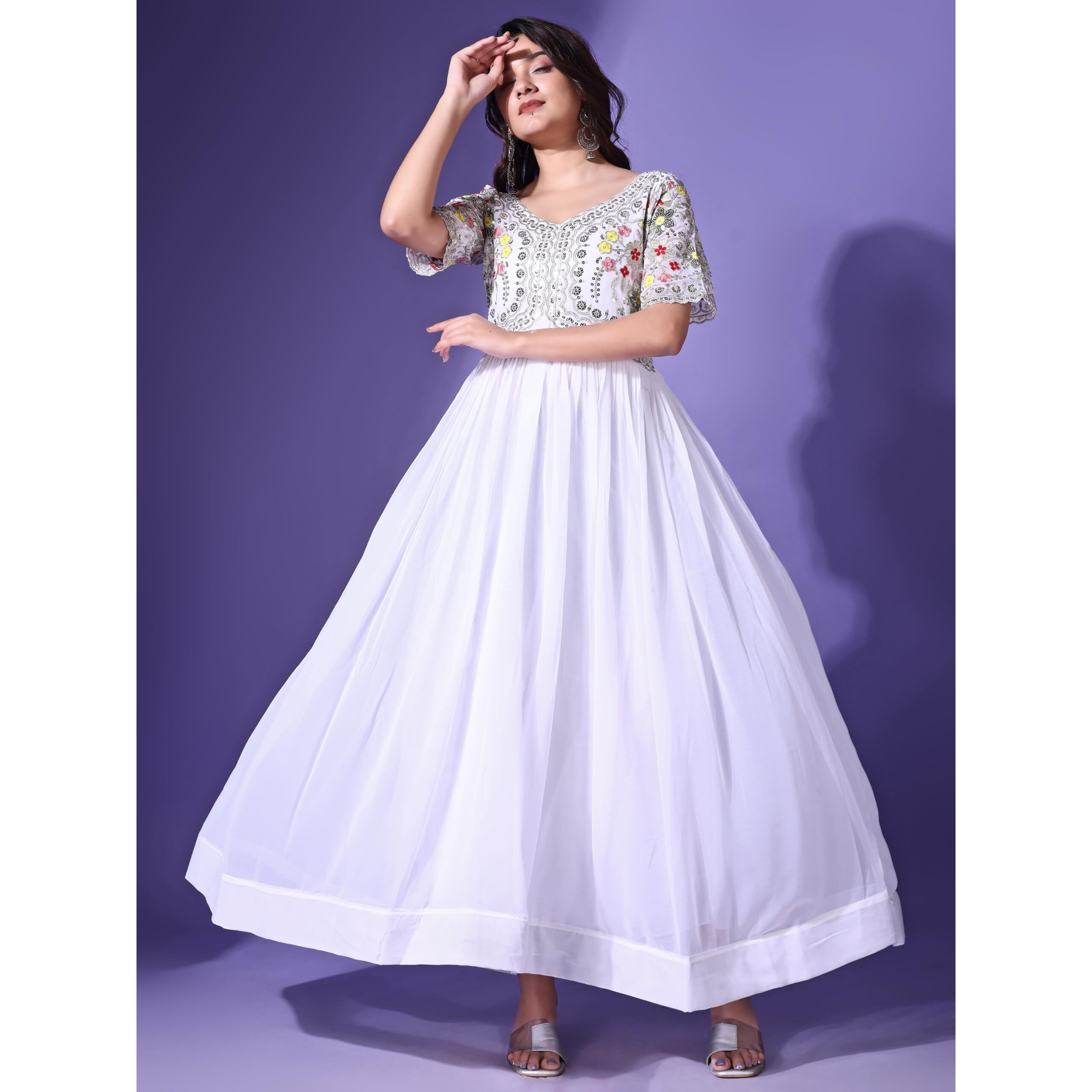 Fashion Basket Georgette Anarkali Dress for Women White