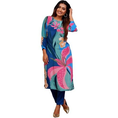 ANNI DESIGNER Women's Cotton Blend Straight Printed Co-Ord Set (Yup Blue Co-Ord_L_Blue_Large), Kurta Set