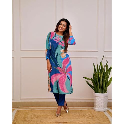 ANNI DESIGNER Women's Cotton Blend Straight Printed Co-Ord Set (Yup Blue Co-Ord_L_Blue_Large), Kurta Set