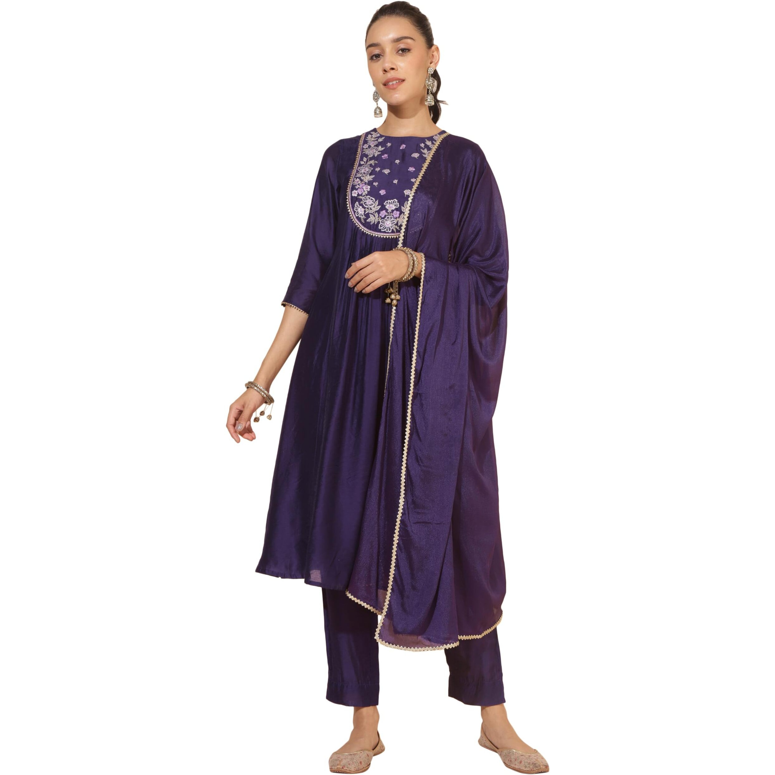 Janasya Women's Purple Chanderi Yoke Embroidery A-Line Kurta Set(SET852-KR-NP-XS)
