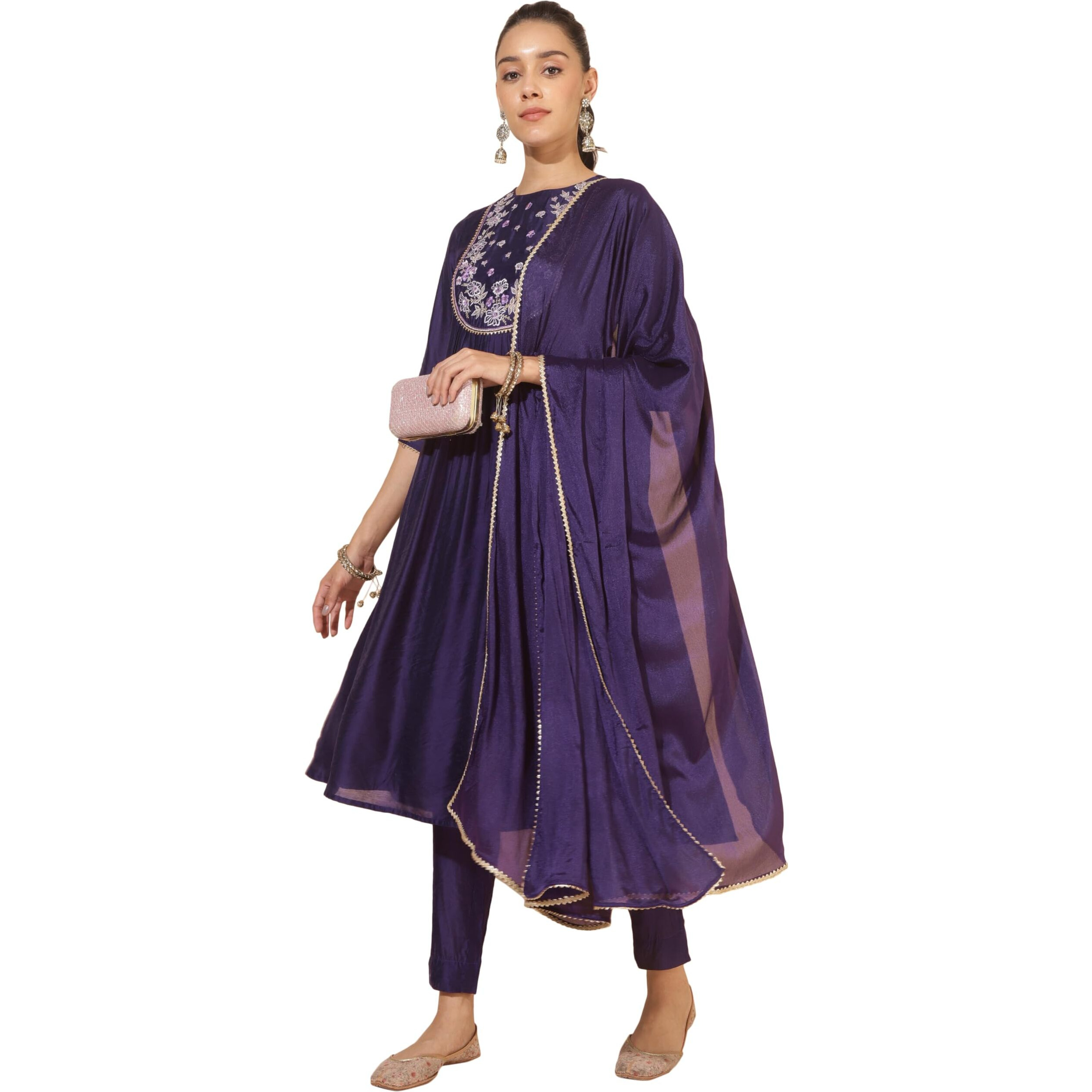 Janasya Women's Purple Chanderi Yoke Embroidery A-Line Kurta Set(SET852-KR-NP-XS)