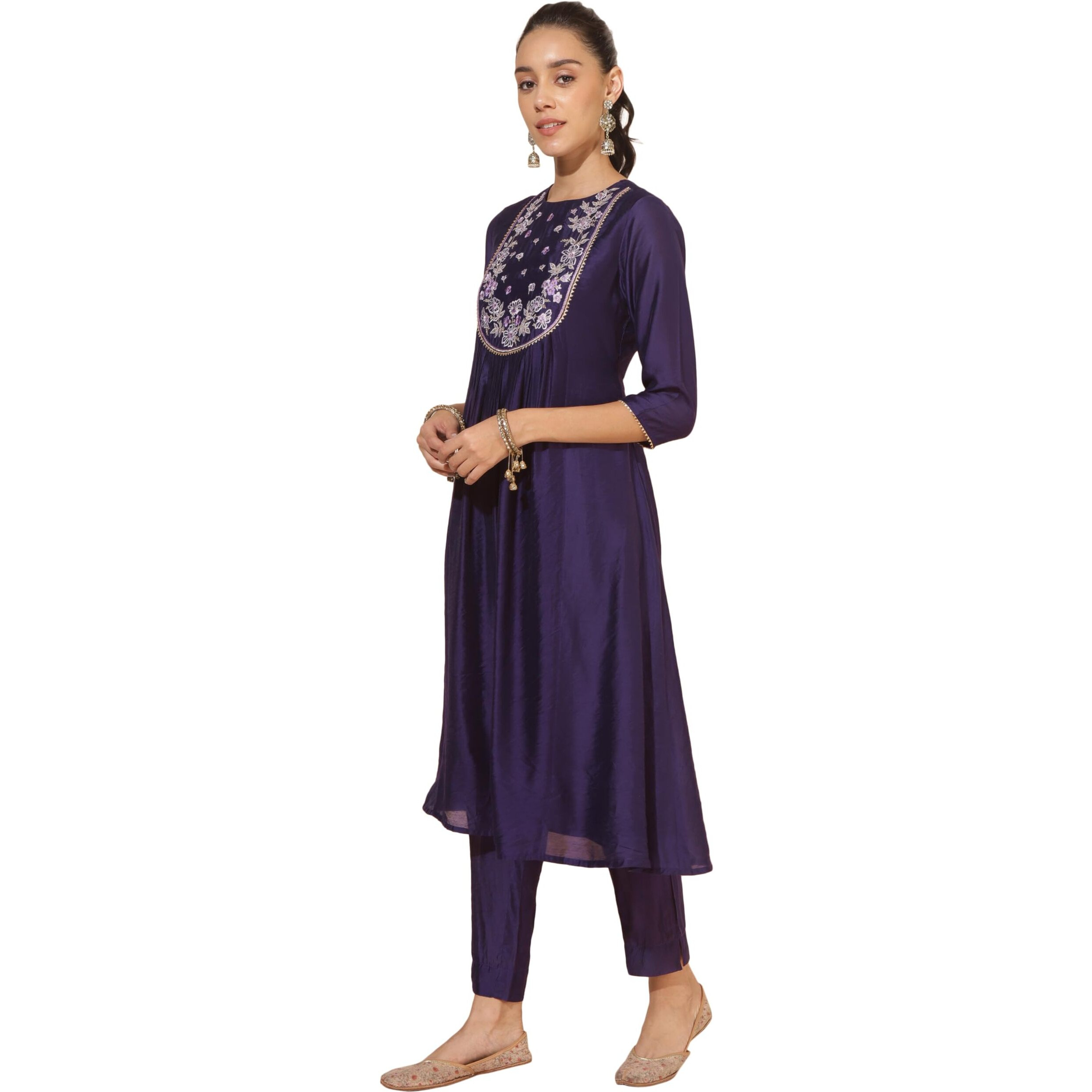 Janasya Women's Purple Chanderi Yoke Embroidery A-Line Kurta Set(SET852-KR-NP-XS)