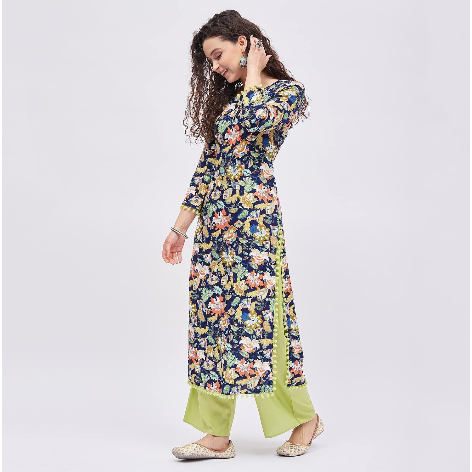 Tissu Women's Rayon Blue & Green Printed Kurta with Palazzo (Tis-635_Blue_L)