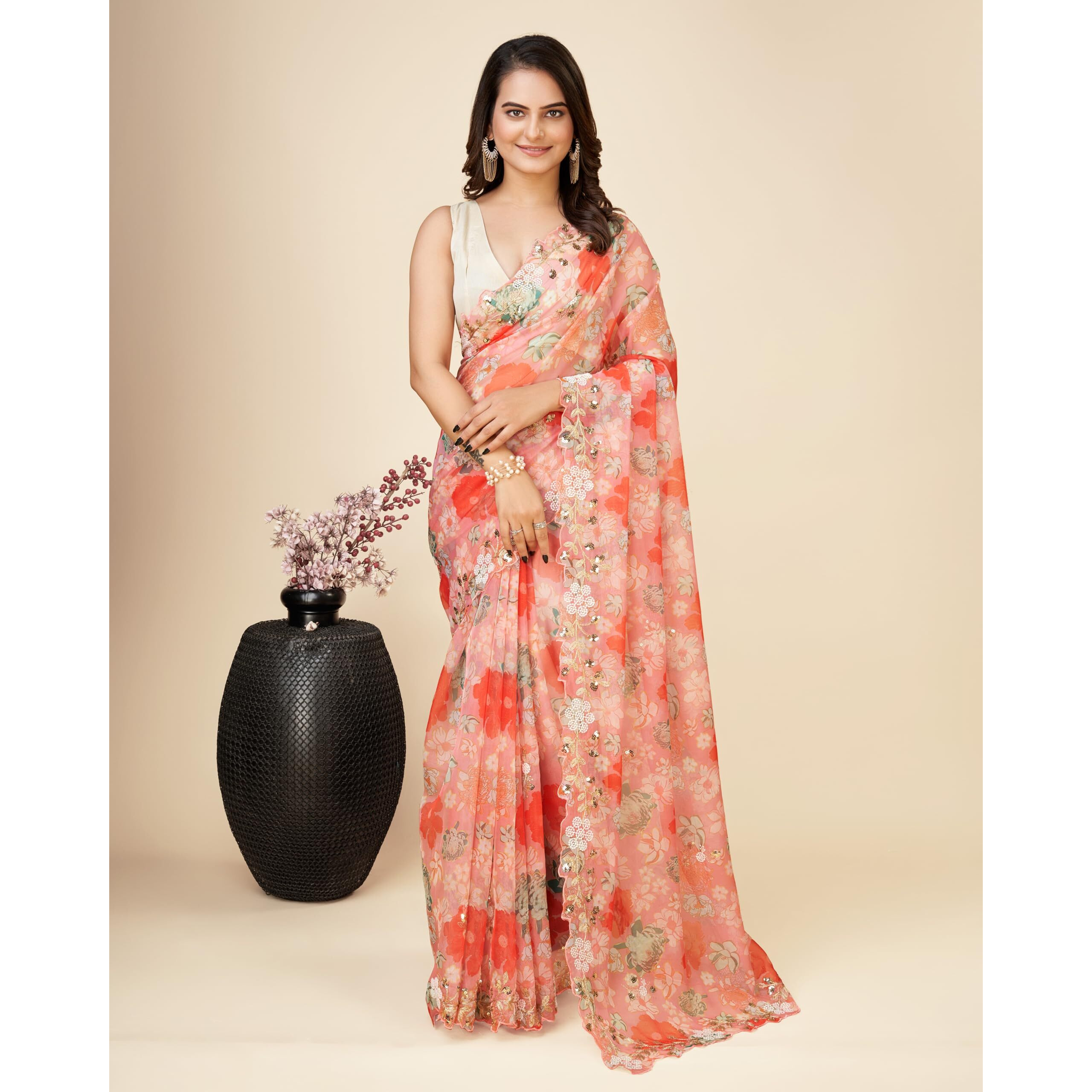 Ekasya Women Soft Organza Pink Embroidery Saree (E6100_2)
