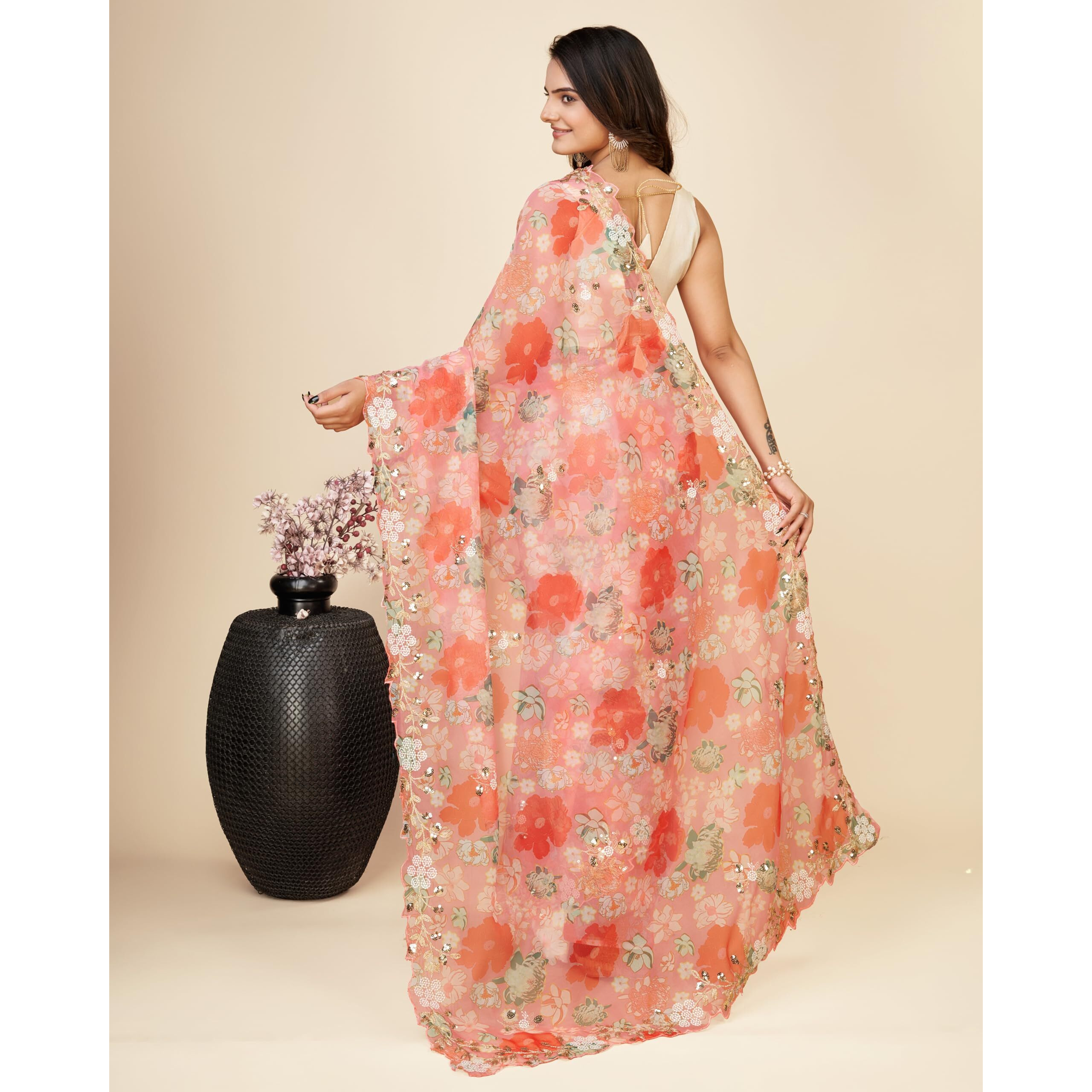 Ekasya Women Soft Organza Pink Embroidery Saree (E6100_2)
