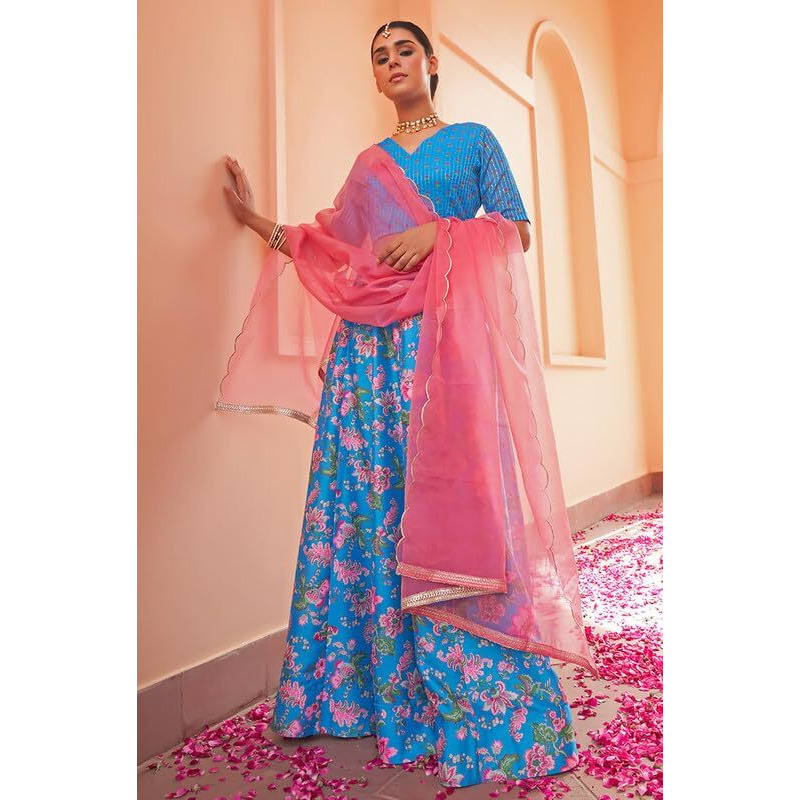Janasya Women's Blue Crepe Silk Digital Floral Printed Lehenga Choli With Dupatta(SET810-LCD-XL)
