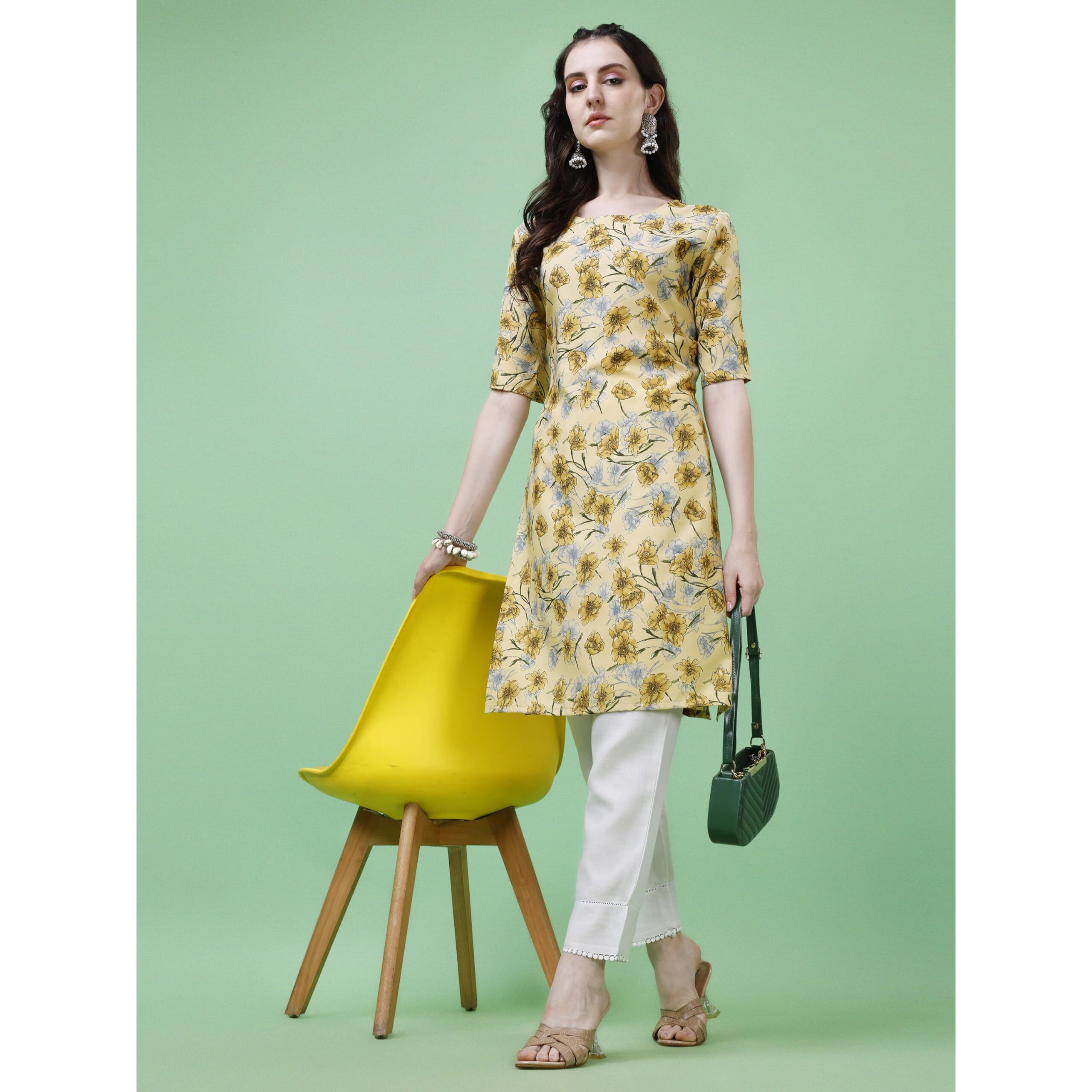 LookMark Women's Crepe Yellow Color Half Sleeve Straight Printed Kurta(AZ-LM-P1-K1124-L)