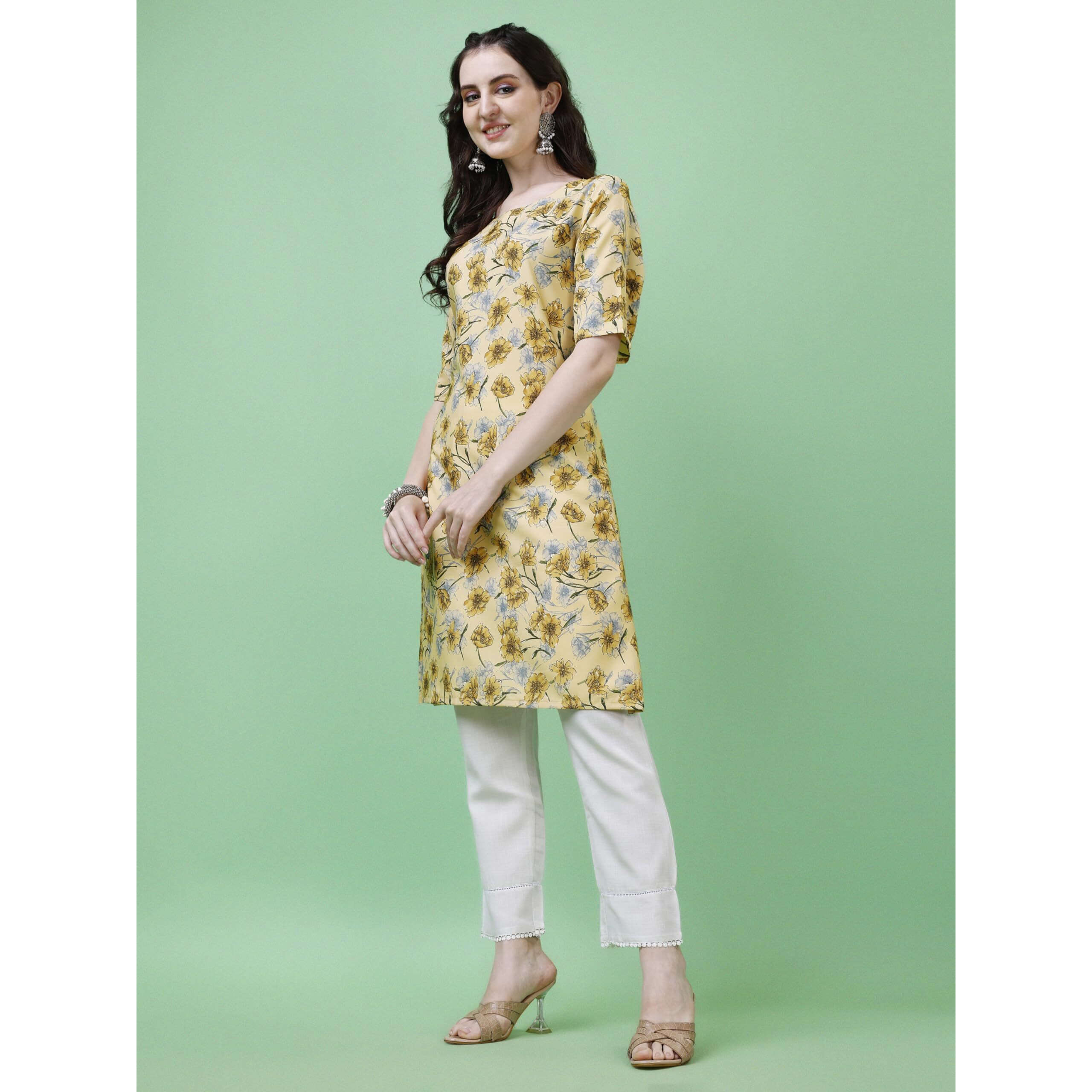 LookMark Women's Crepe Yellow Color Half Sleeve Straight Printed Kurta(AZ-LM-P1-K1124-L)