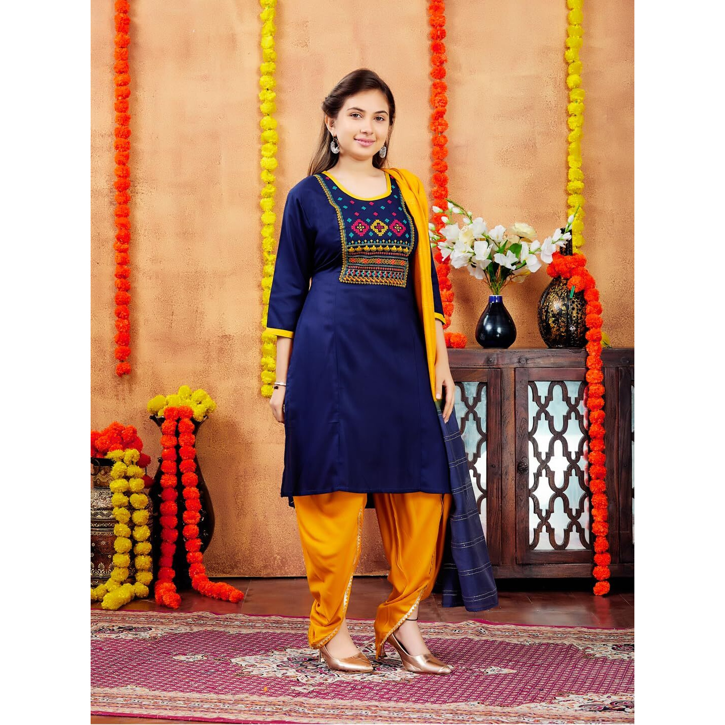 Aarika Girl's Cotton Regular Tunic Shirt (Kurti-H-3_Navy Blue_40)