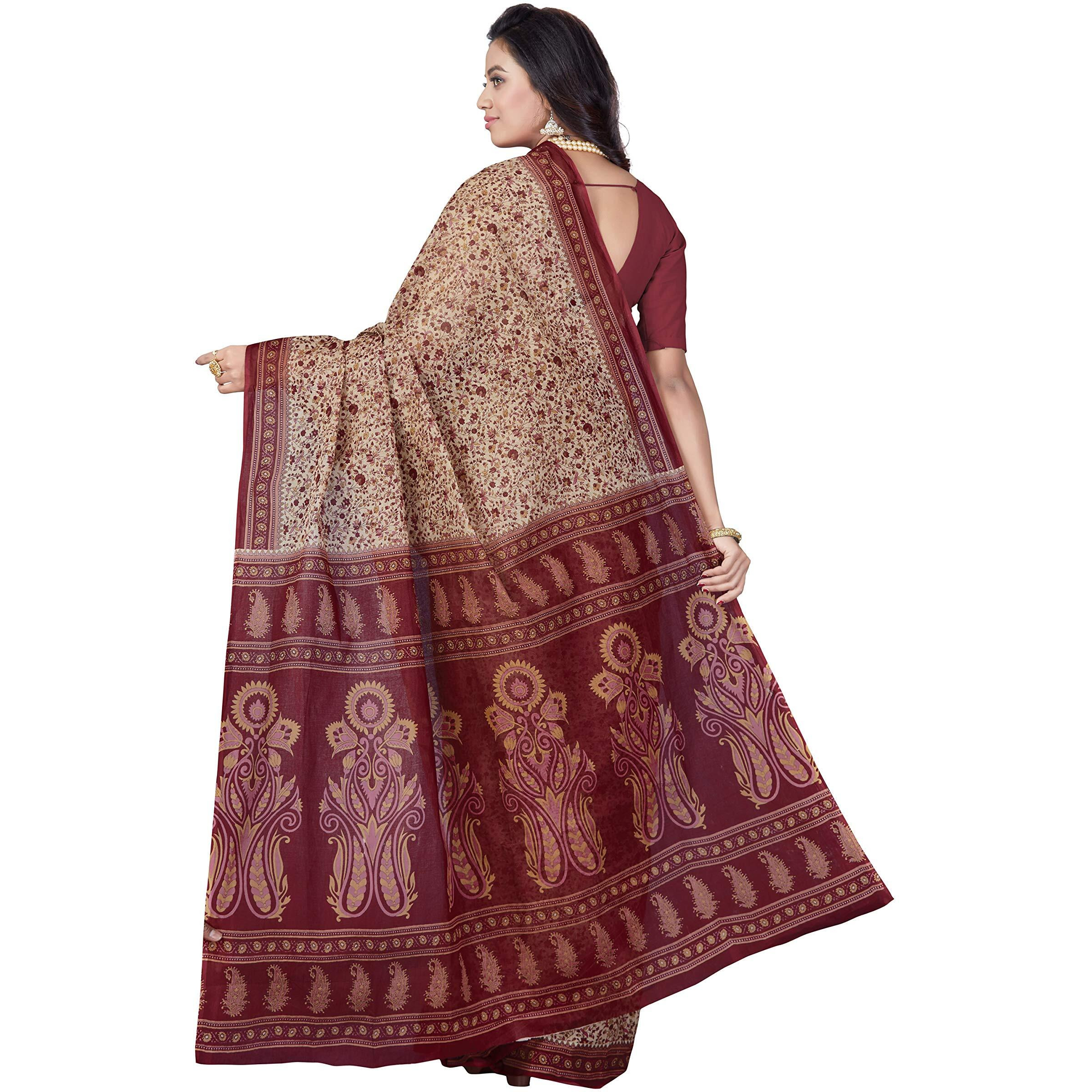 RANI SAAHIBA Women's Pure Cotton Printed Saree Without Blouse Piece (SKR5288_Beige-Maroon)