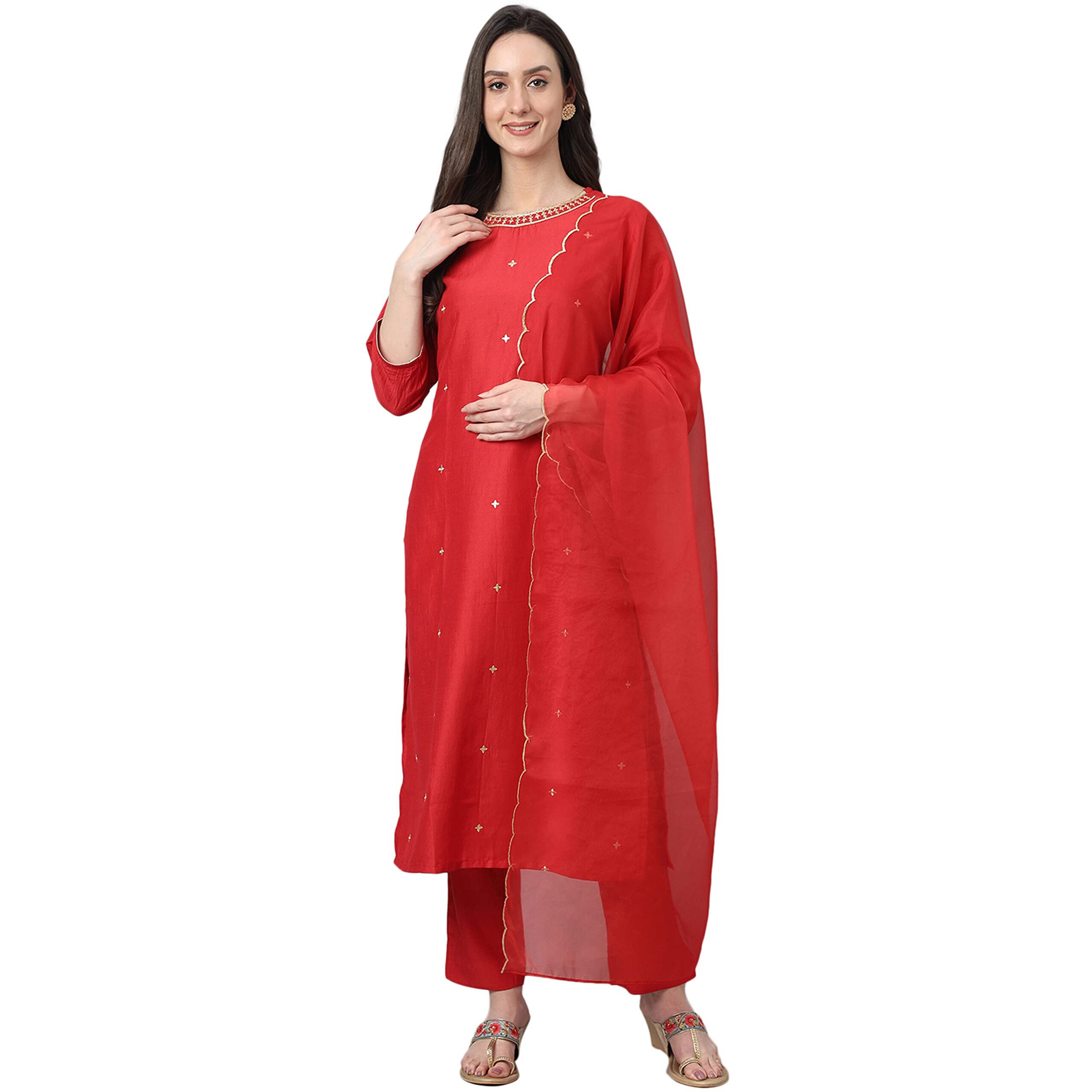 Janasya Women's Red Chinon Solid Kurta with Pant and Dupatta(SET564-KR-NP-XS)